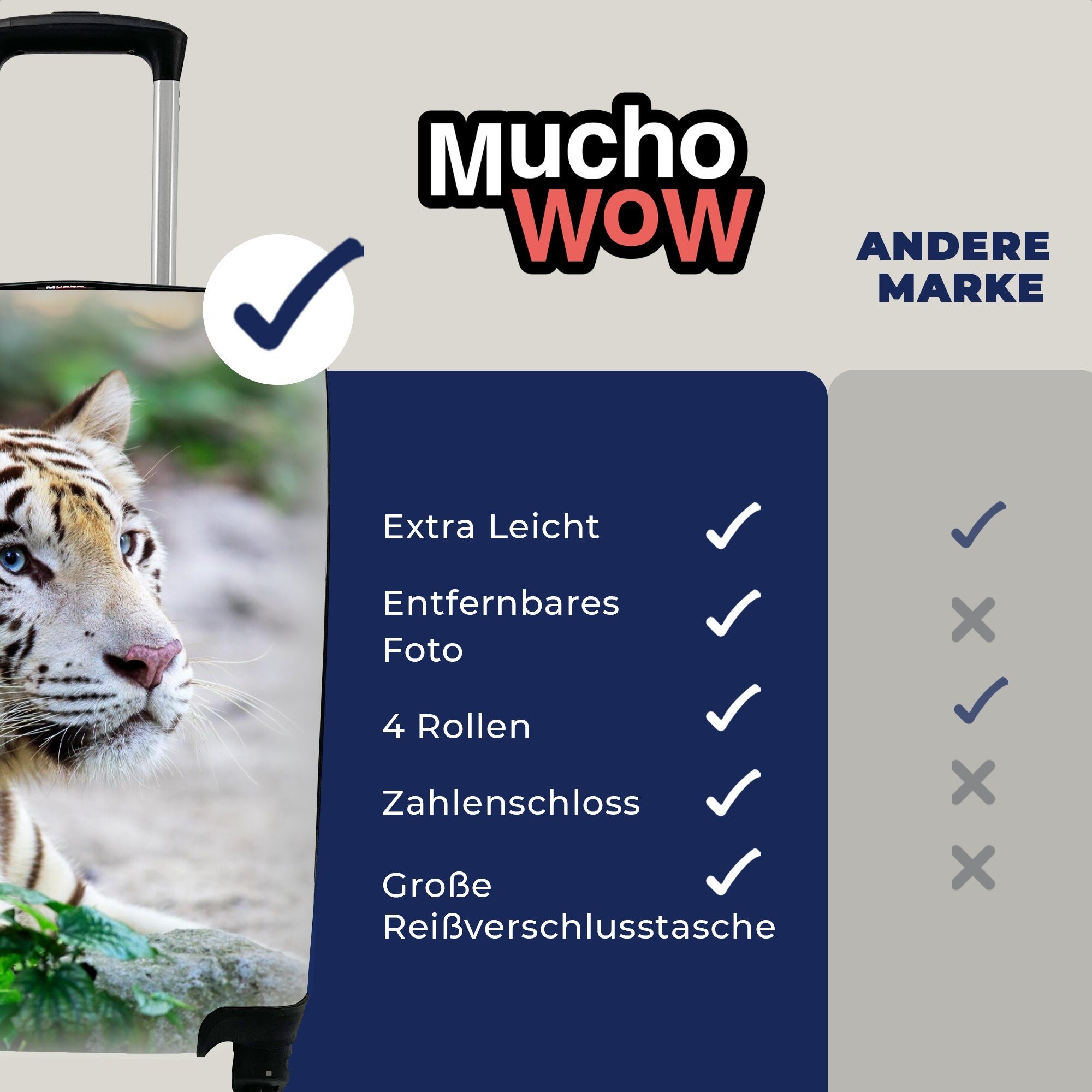 MuchoWow Handgepäckkoffer Tiger - Sand, Rollen, Reisekoffer Handgepäck - Reisetasche mit Trolley, für 4 Weiß rollen, Ferien