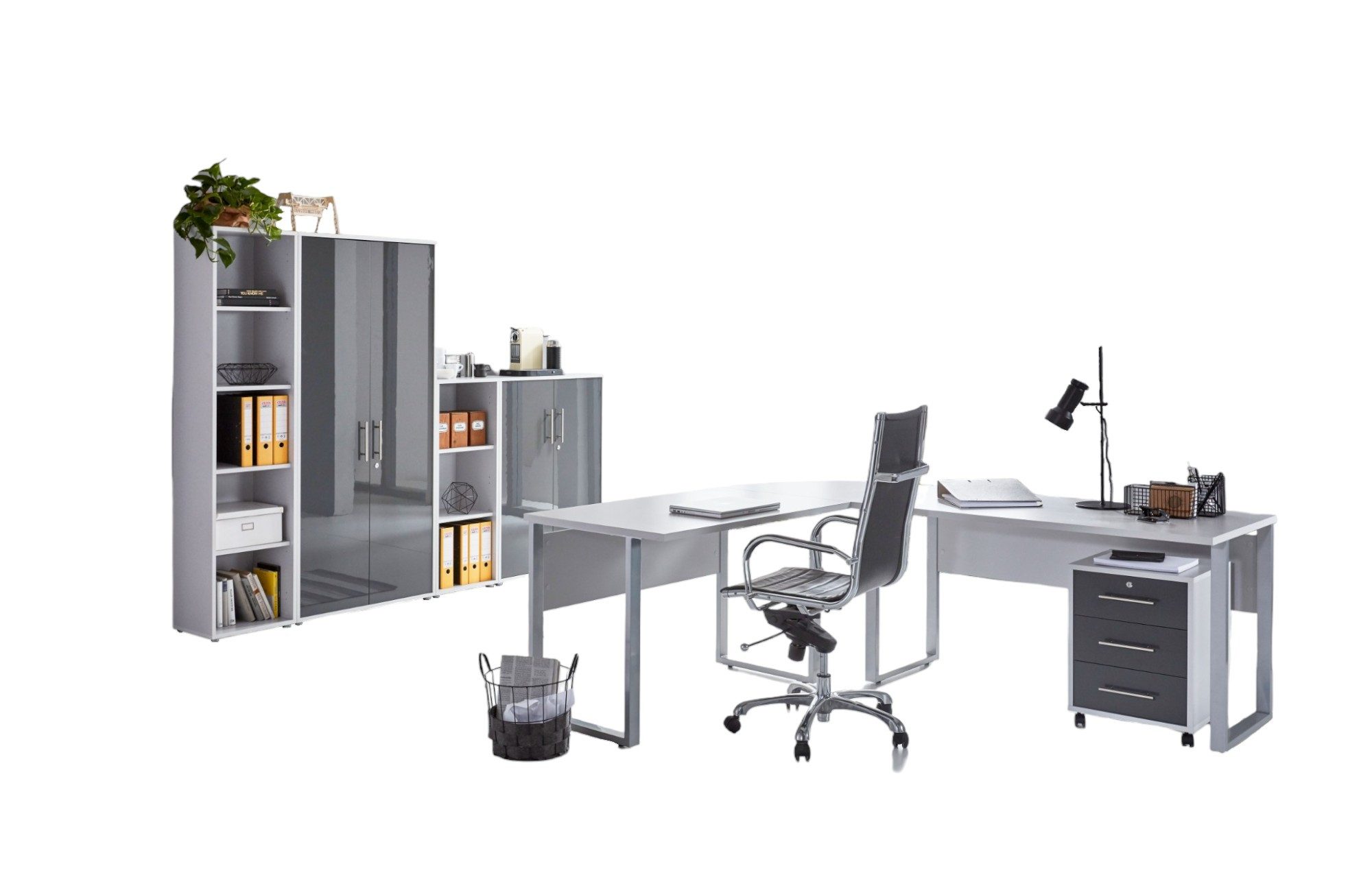 moebel-dich-auf Büromöbel-Set TABOR PRO Set 4, (abschließbar, Metallgriffe, 6-tlg., Winkelschreibtisch mit Rollcontainer + 2 Aktenschränke + 2 Aktenregale), Made in Germany