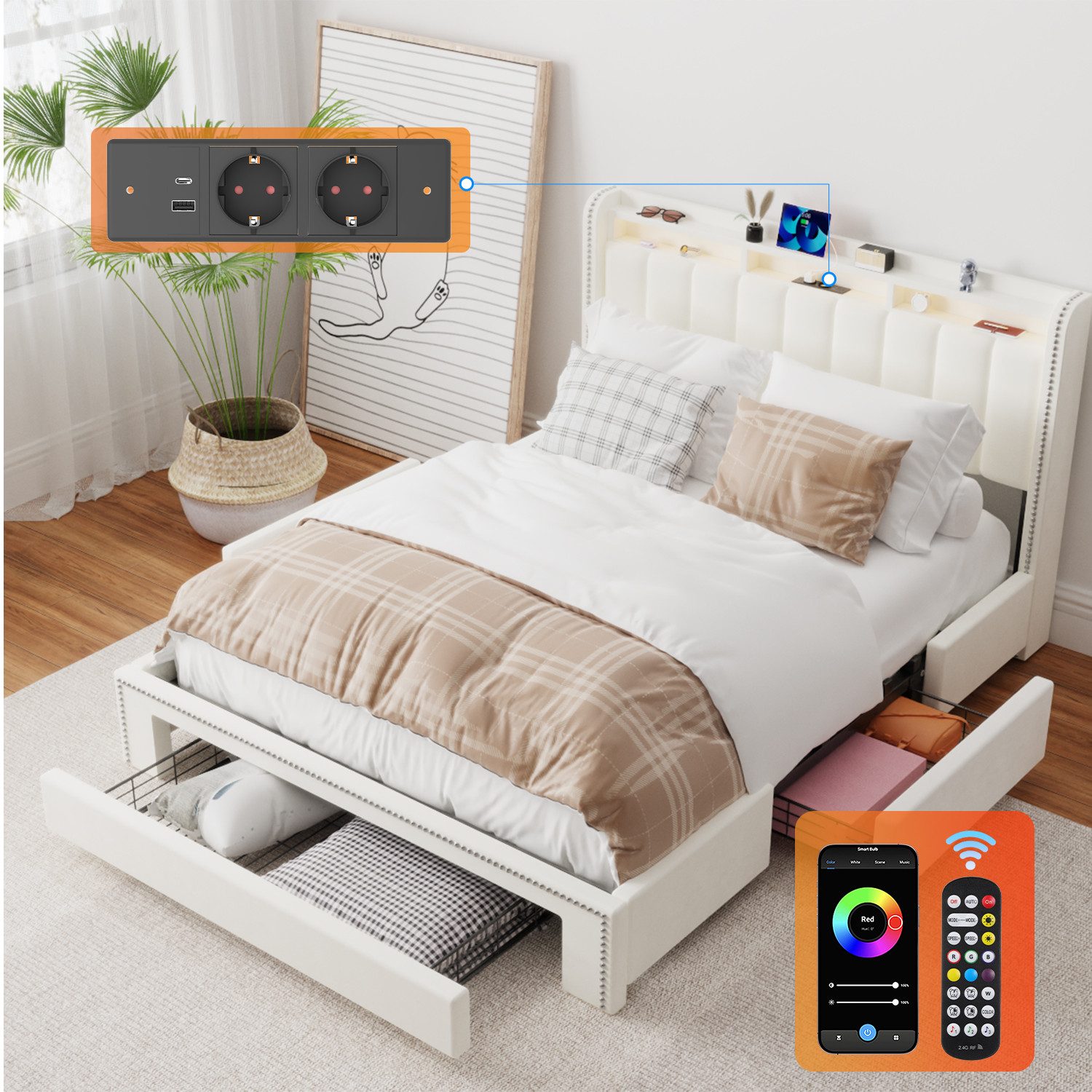 oyajia Stauraumbett Polsterbett mit Stauraum,LED-Beleuchtung (Polsterbett m günstig online kaufen