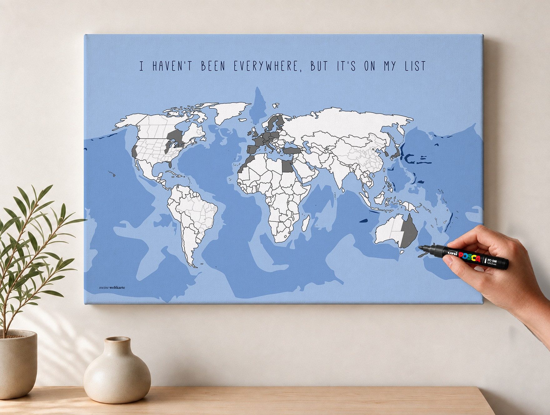 mw Leinwandbild Weltkarte zum Ausmalen – I Haven’t Been Everywhere, Originaltitel oder Wunschtitel; Leinwandposter oder Keilrahmen