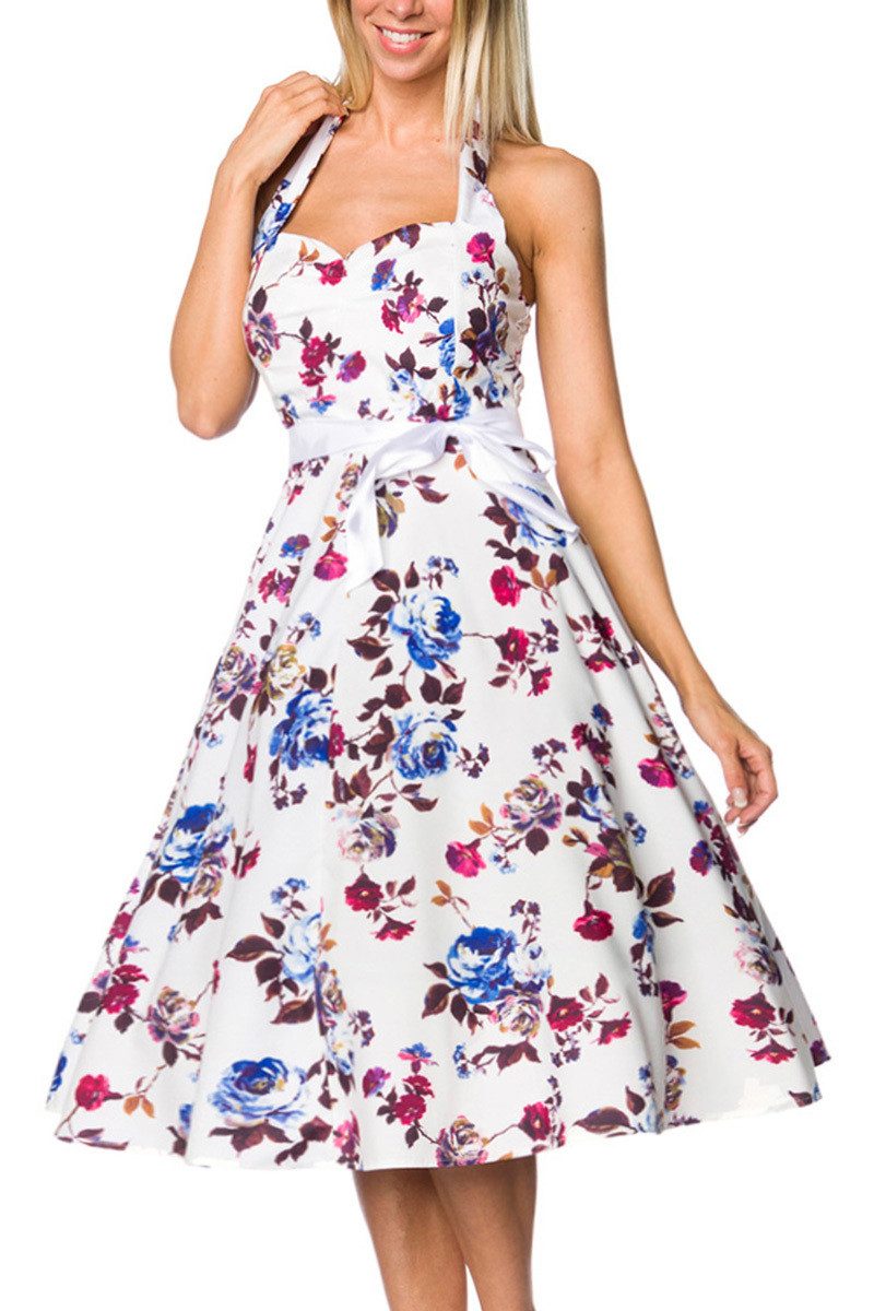 Atixo Minikleid Weiß geblümtes Rockabilly retro Kleid mit Gürtel Damen vintage neckhol