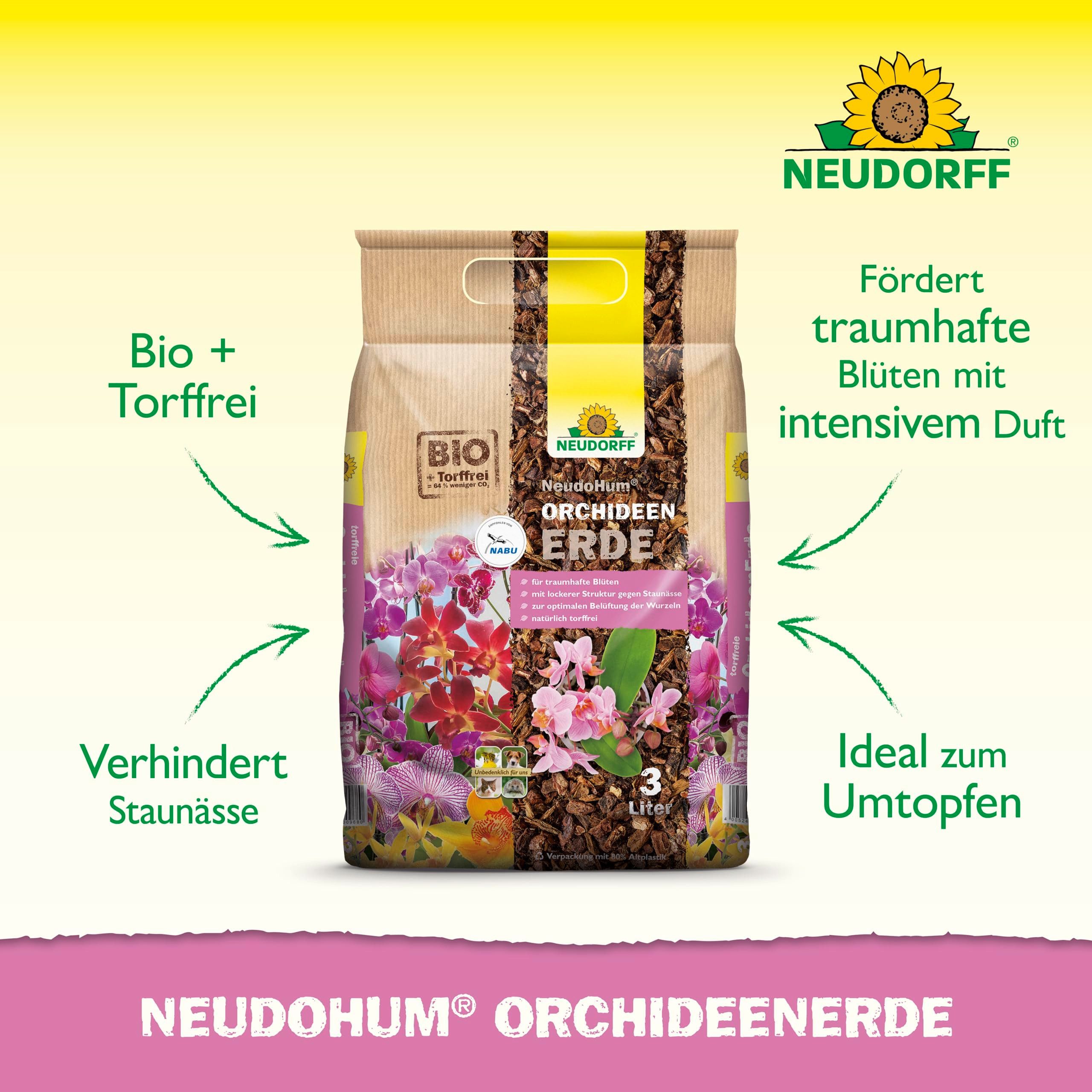 Neudorff Spezialerde NeudoHum OrchideenErde 3 Liter, mit Organischer Dünger, (Erde für Orchideen sorgt für traumhafte Blüten aller Orchideenarten, Orchideensubstrat für 4 Wochen vorgedüngt), Torffreies Orchideensubstrat mit Pinienrinde