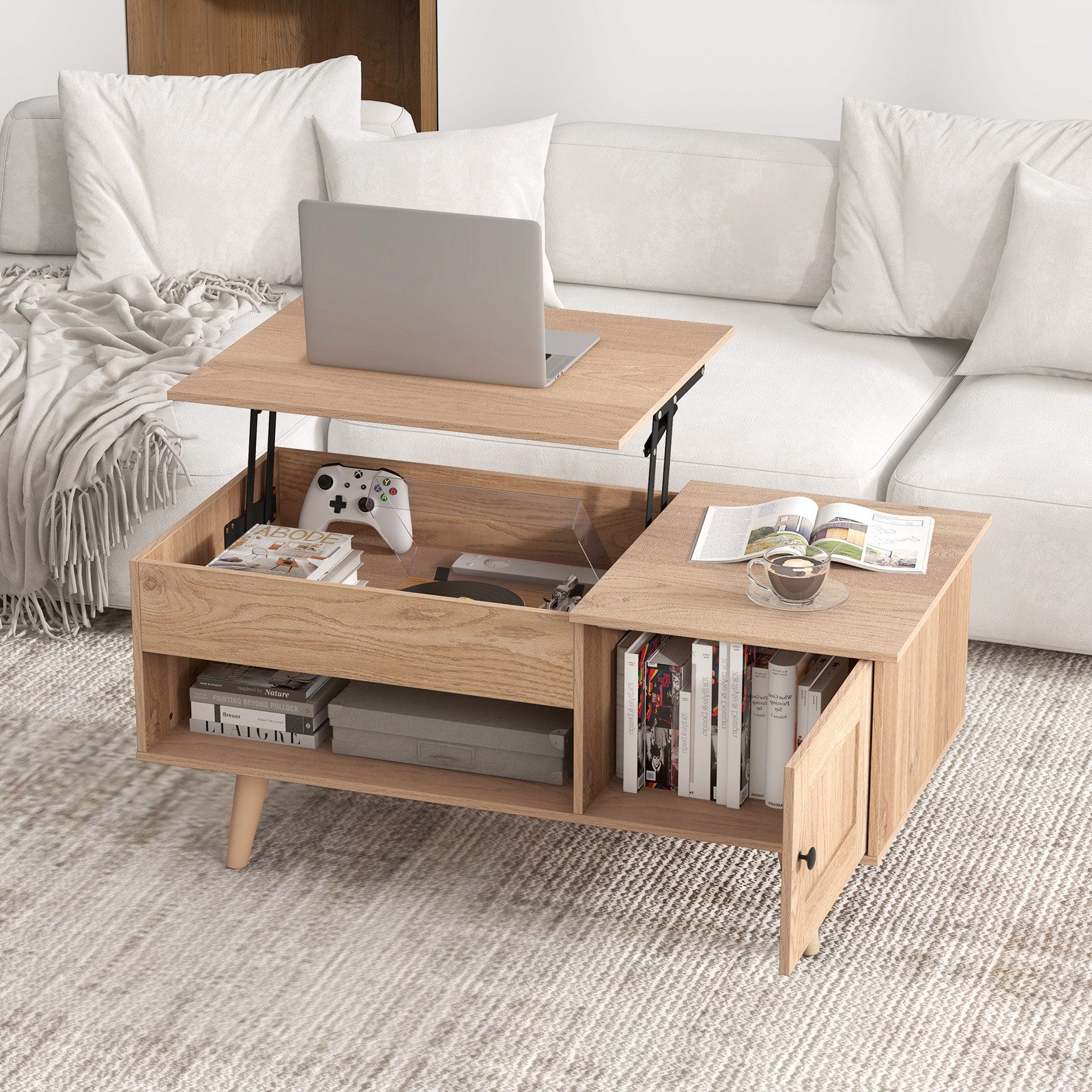 COSTWAY Couchtisch, Holz, höhenverstellbar, mit Stauraum günstig online kaufen