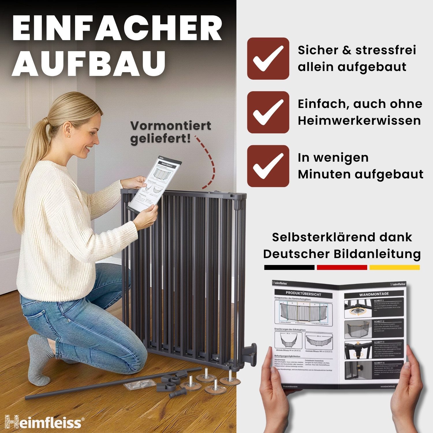 Heimfleiss® Ofenschutzgitter Kaminschutzgitter ohne Bohren Baby Hunde (Treppenschutzgitter Türgitter, 5 St., inkl. Saugnäpfe & Wandhalterungen), 308 cm mit Türf – Bild 5 von 5