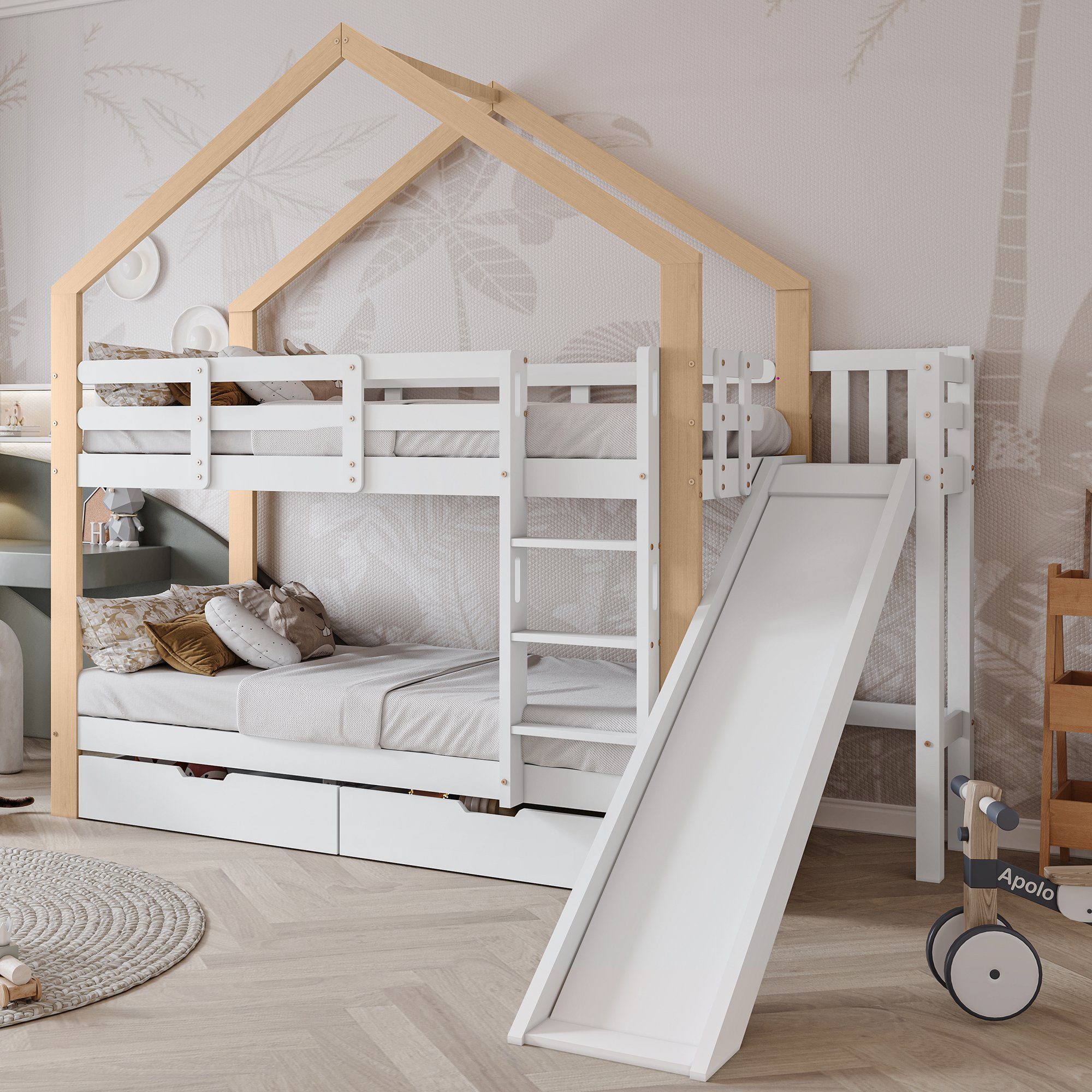 Etagenbett (Hausbett mit 2 Schubladen), Hochbett Kinderbett mit Lattenrost, Rutsche und Leiter, 90x200cm