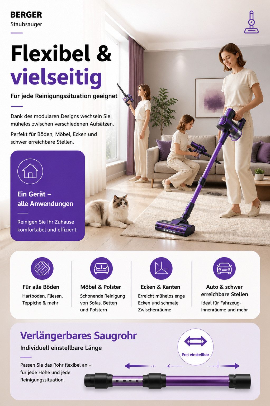 BERGER ELECTRONICS Stielstaubsauger Staubsauger Kabellos, Akku Staubsauger, Akku-Stielstaubsauger, beutellos, 70000 Pa, 60 min Laufzeit, Handstaubsauger