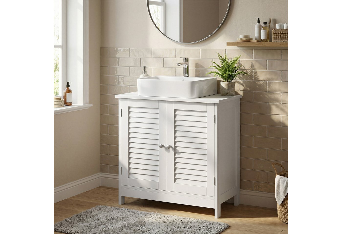 VASAGLE Waschbeckenunterschrank Badezimmerschrank mit Griffen 60 x 30 x 60 cm, skandinavischer Stil, mit 2 Lamellentüren