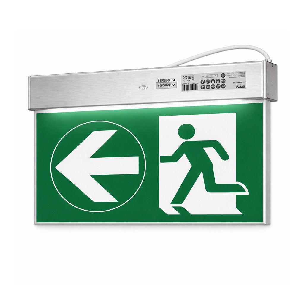 GTV Arbeitsleuchte LED Notbeleuchtung Schild – Fluchtwegleuchte Notausgangschild 230 V, 3 W, 250 lm, 6400 K, IP44, 230C Anschlus, Nickel-Cadmium, 325×250×45 mm
