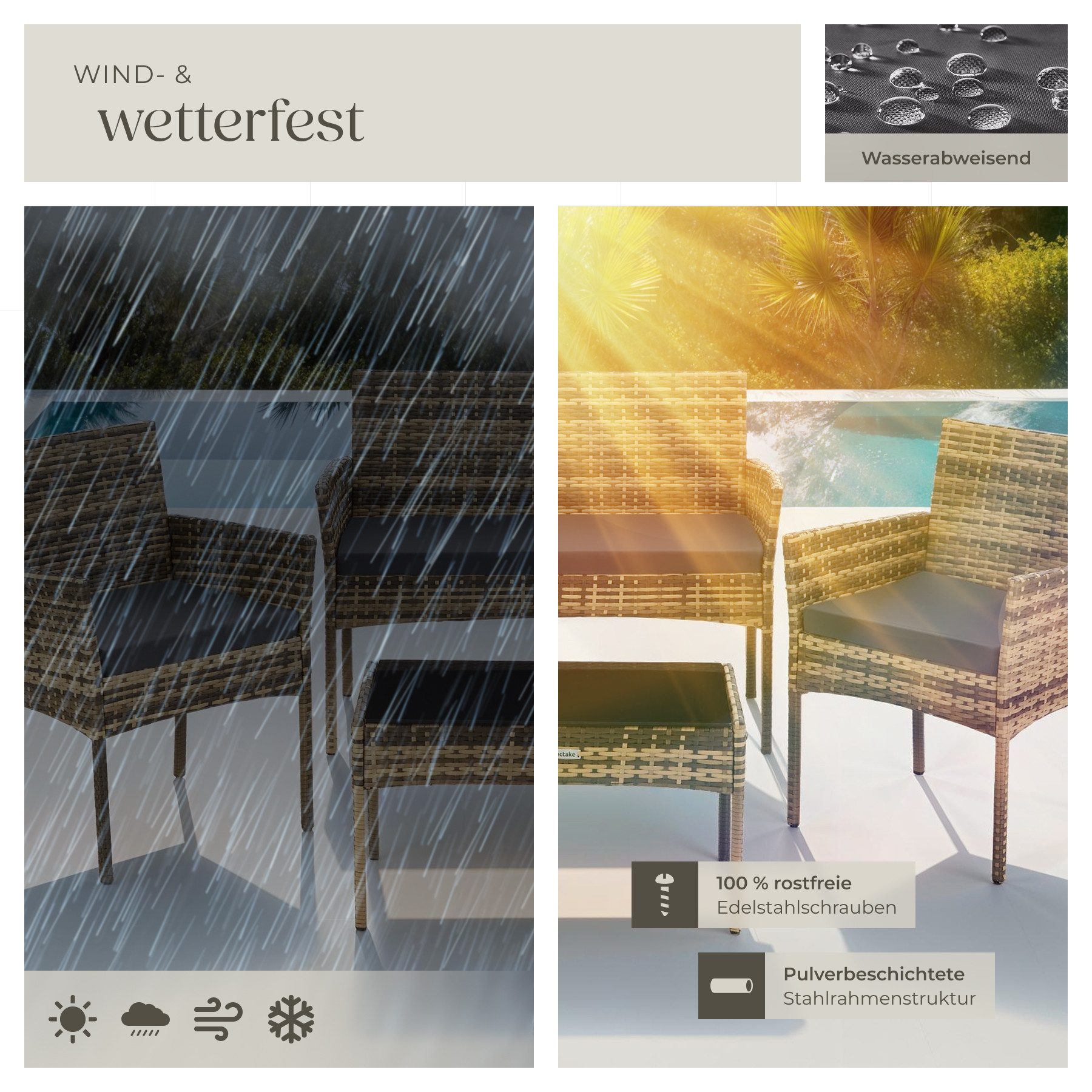 tectake Sitzgruppe Rattan Gartenset für 4 Personen, Sofa 250 kg, je Sessel 120 kg, (Loungeset Palese, 4-tlg., für Außen in Naturfarben), abnehmbare Polyesterbezüge, wetterfest, mit Sicherheitsglasplatte