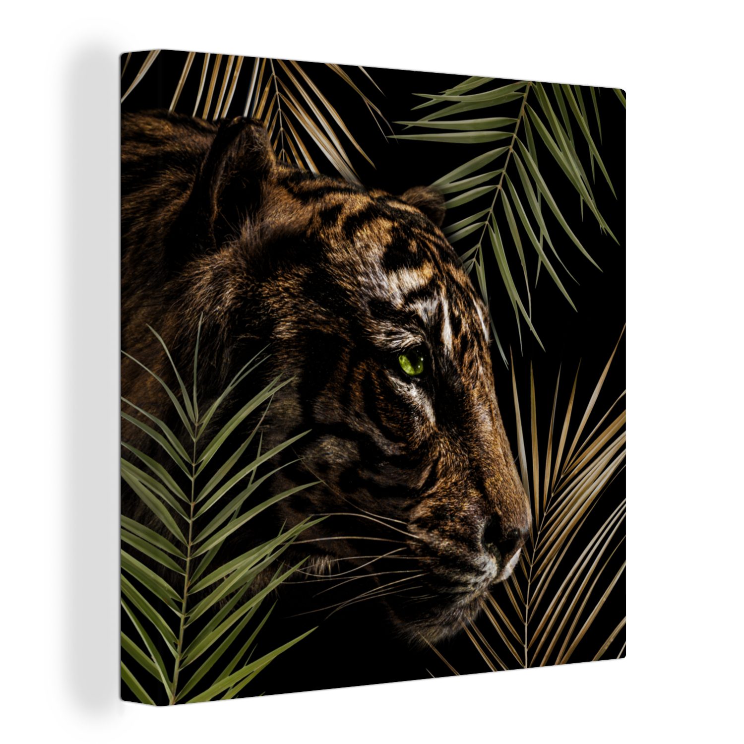 OneMillionCanvasses® Leinwandbild Tiger - Farn - Blätter, (1 St), Leinwand Bilder für Wohnzimmer Schlafzimmer