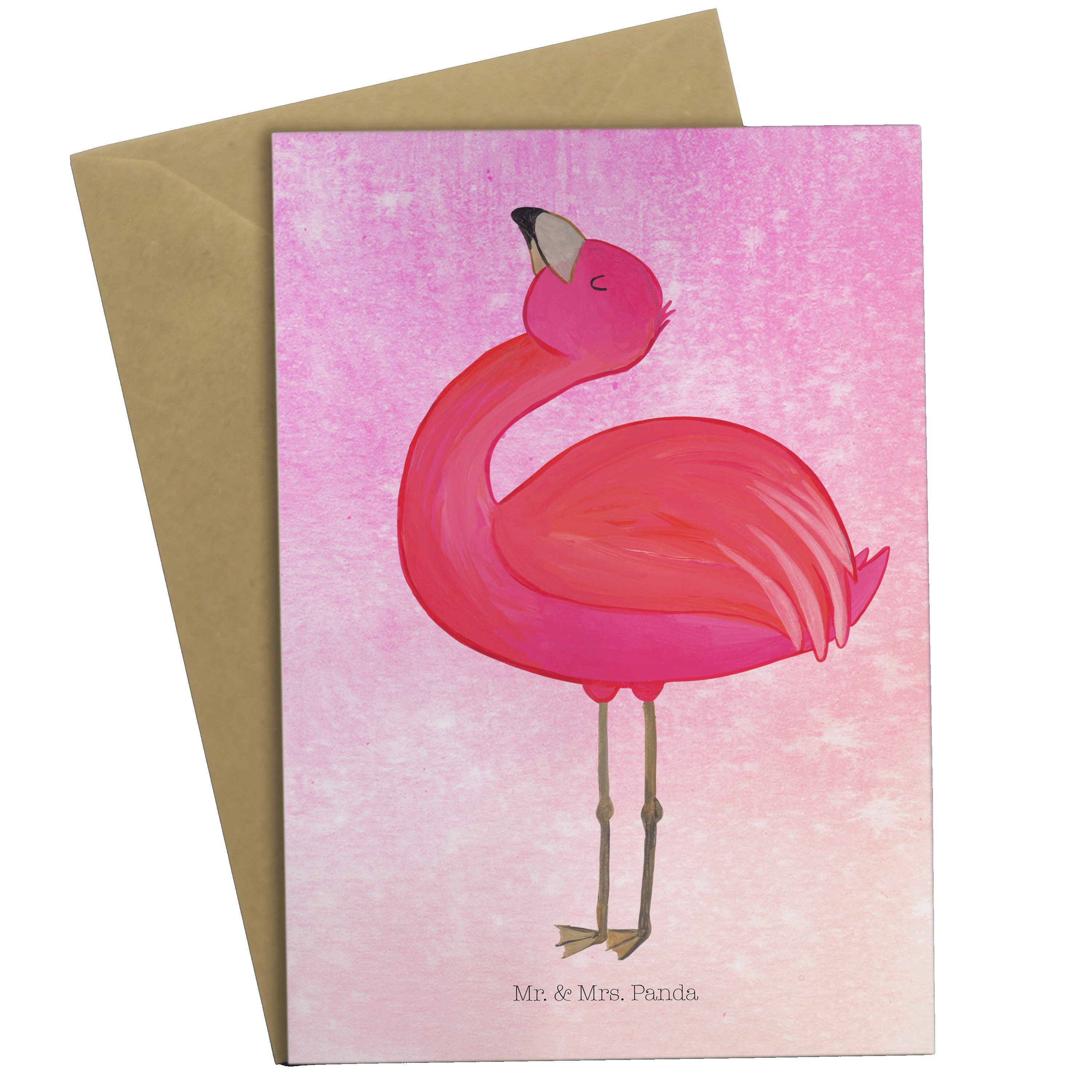 Mr. & Mrs. Panda Grußkarte Flamingo stolz - Aquarell Pink - Geschenk, Karte, Klappkarte, Selbstl