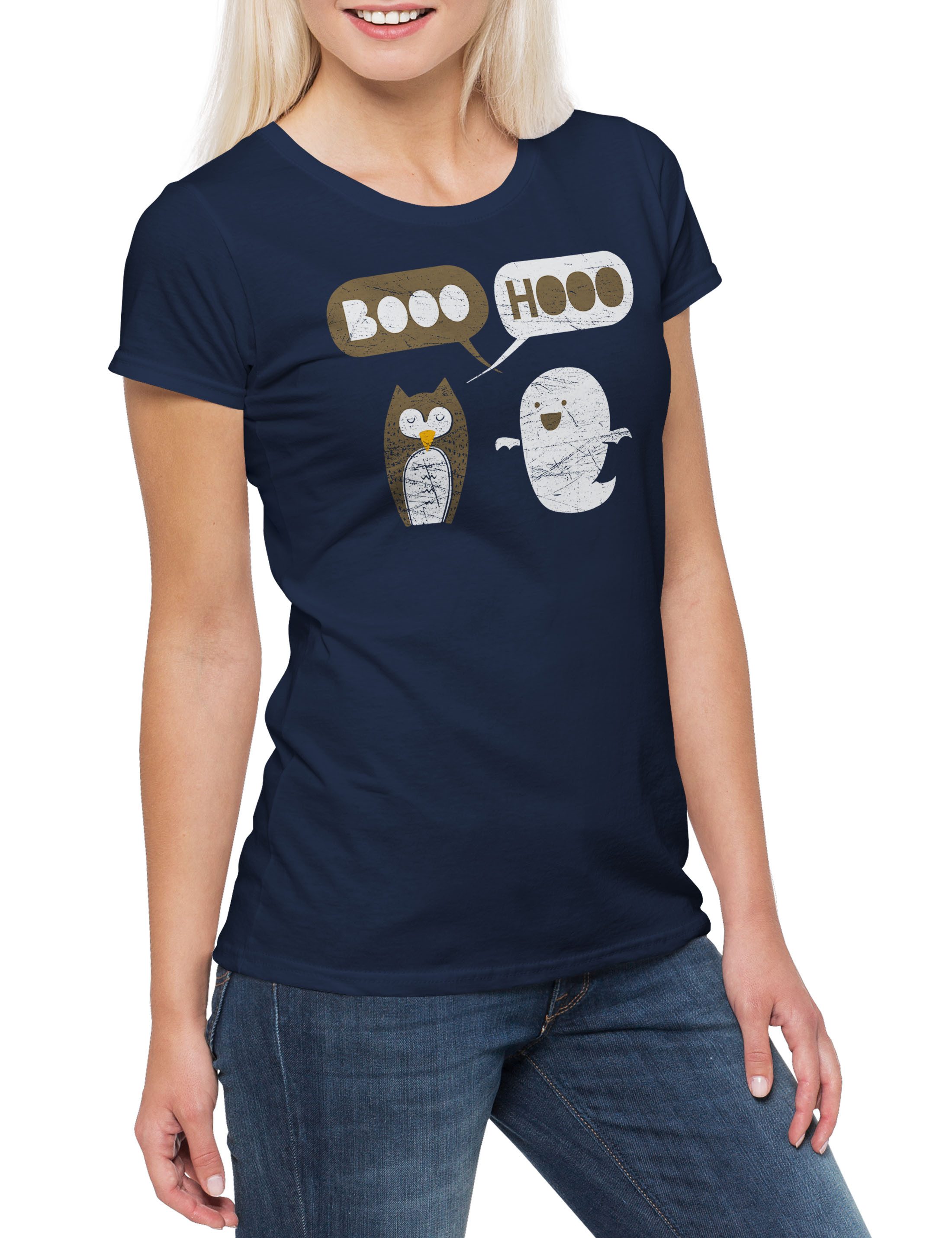 Print-Shirt Booo Hooo Damen T-Shirt Spectre Owl Eule Uhu Gespenst Geist Cute Ghost