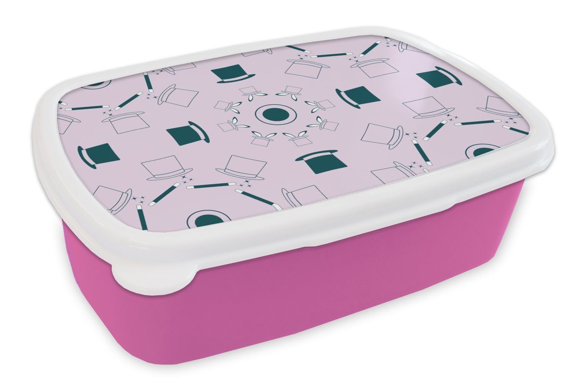 MuchoWow Lunchbox Zauberer - Muster - Kaninchen, Kunststoff, (2-tlg), Brotbox für Erwachsene, Brotdose Kinder, Snackbox, Mädchen, Kunststoff rosa