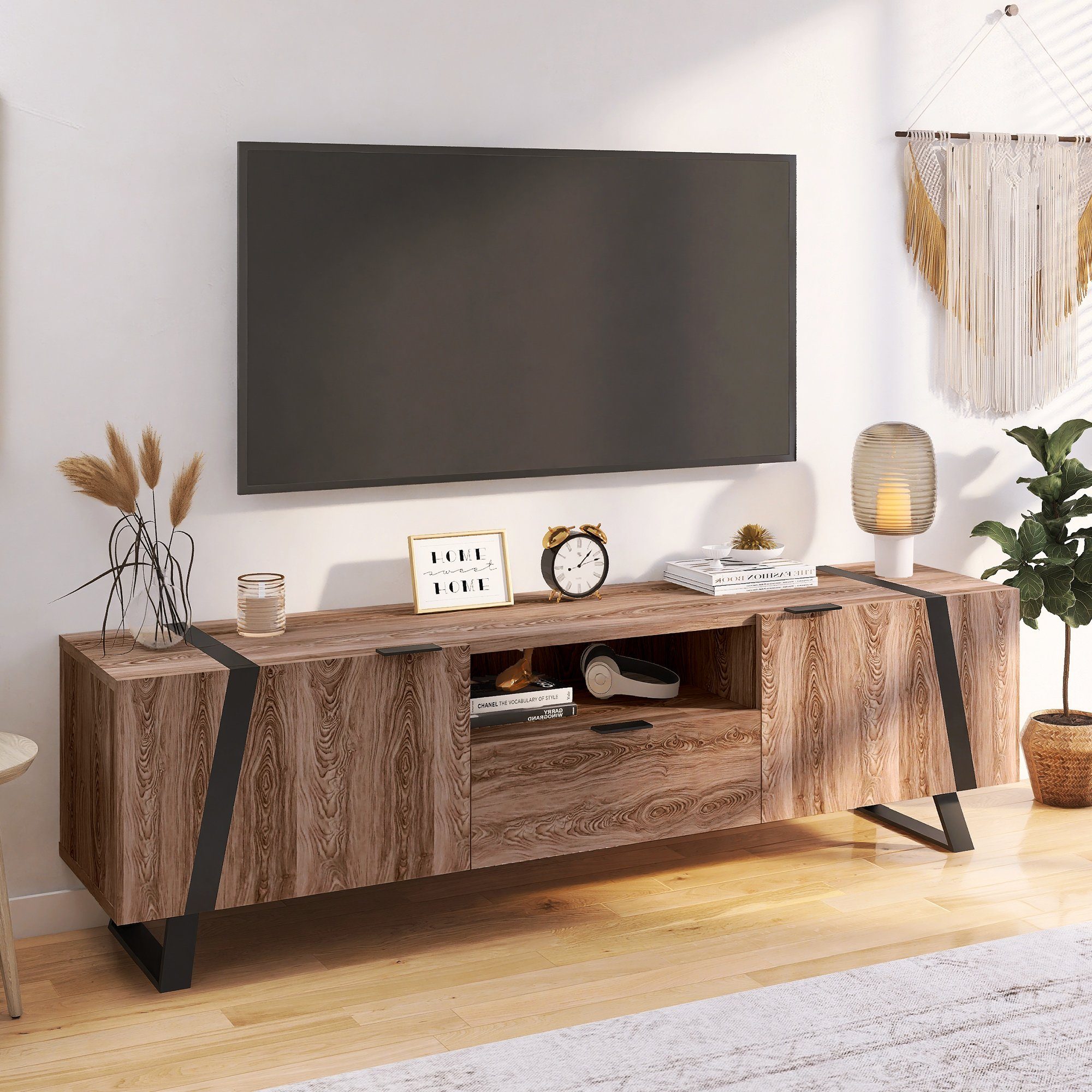 Ulife Lowboard TV-Schrank, Holzoptik Fernsehschrank, Wohnzimmer, aus Holz,  B:173cm