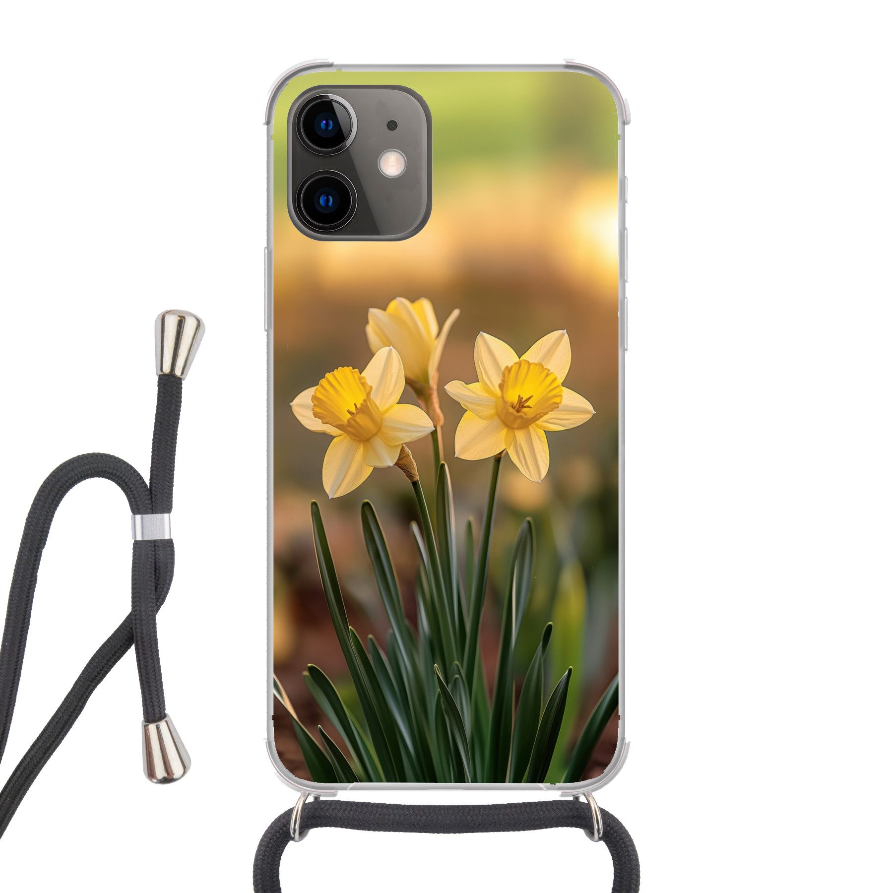 MuchoWow Handyhülle für Apple iPhone 11 Blumen - Gelb - Unscharf, Tragbare Handyhüllen mit Kette zum umhängen, Handykette Handyband