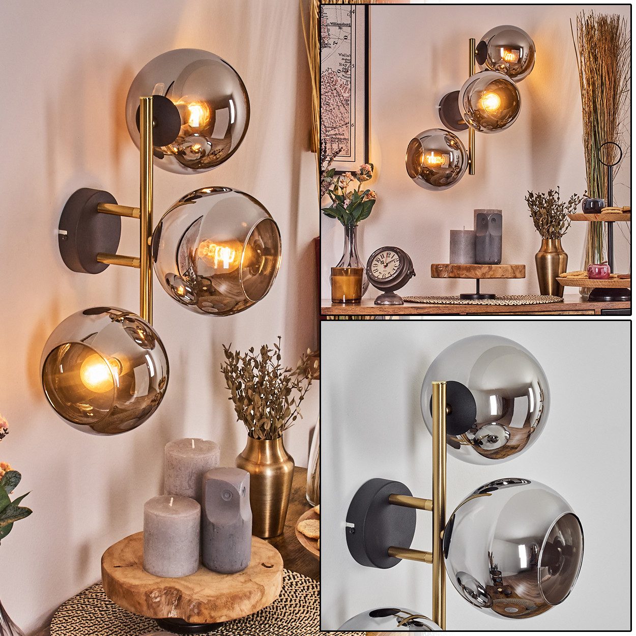 Wandleuchte Wandlampe aus Metall/Glas in Schwarz/Gold-/Chrom-/Rauchfarben