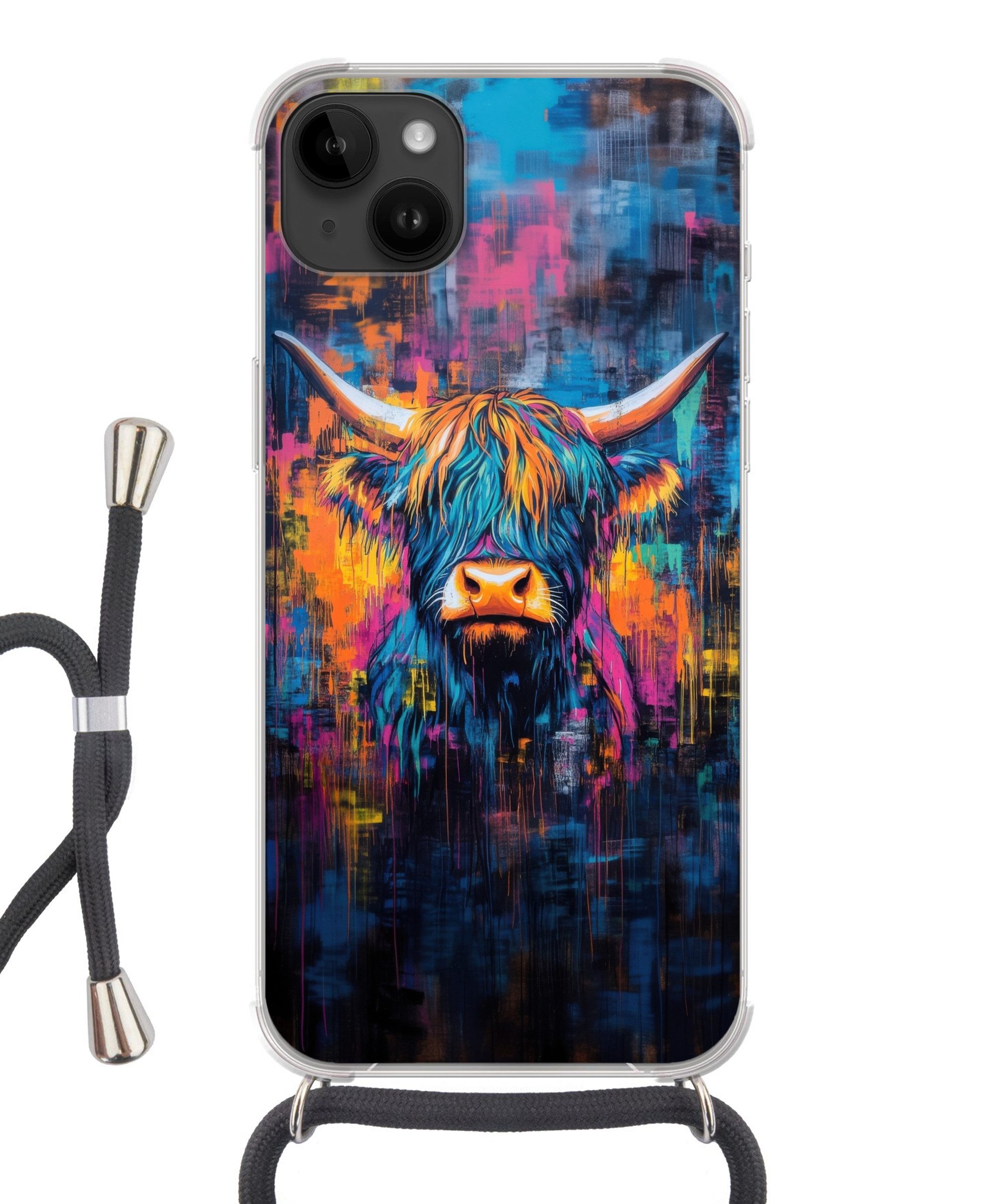MuchoWow Handyhülle für Apple iPhone 14 Max Schottischer Highlander - Abstrakt - Farbenfro, Tragbare Handyhüllen mit Kette zum umhängen, Handykette Handyband