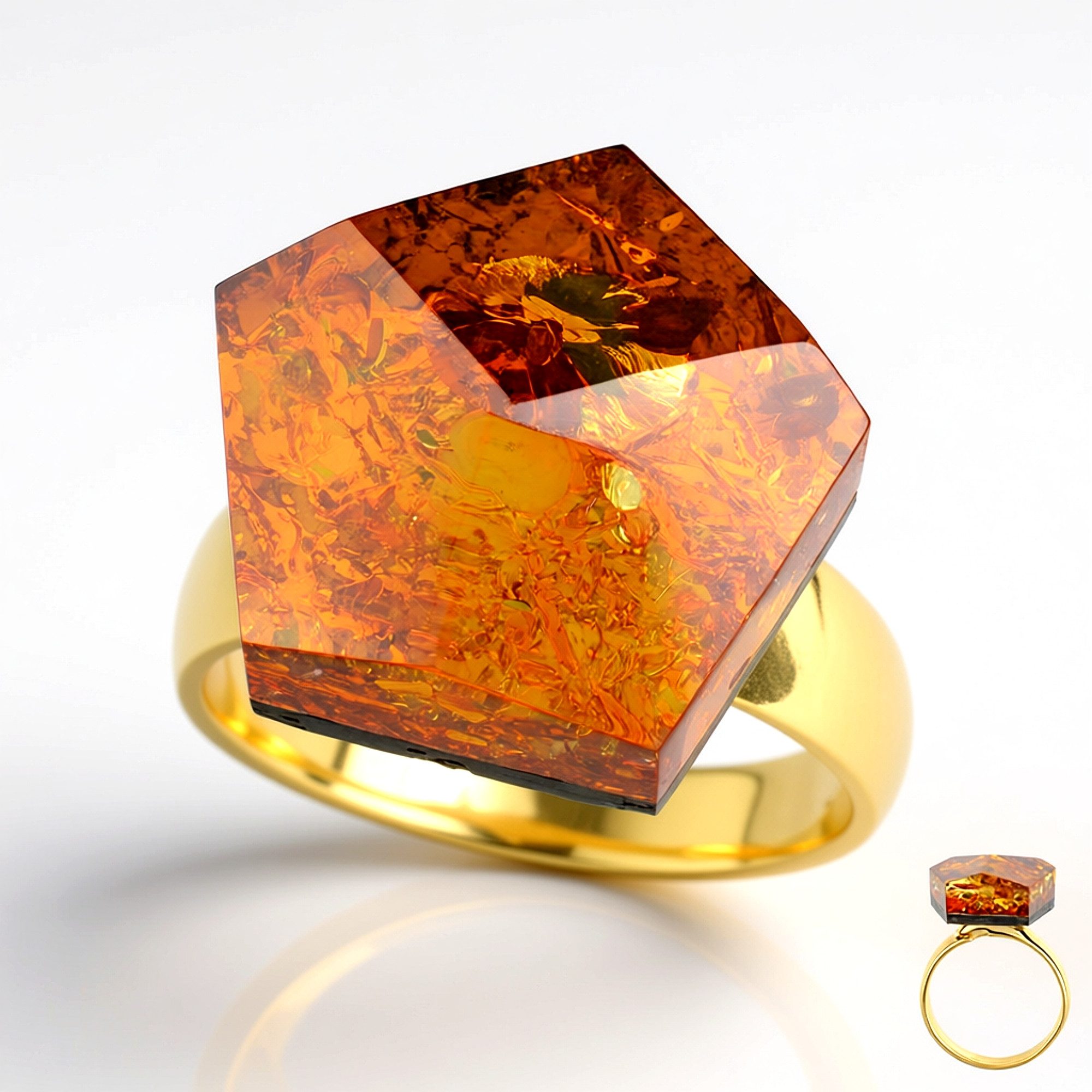 Cavill Solitärring Bernsteinring 8,0 ct Cognac Mosaik, 925er vergoldetes Silber, modern (1-tlg)