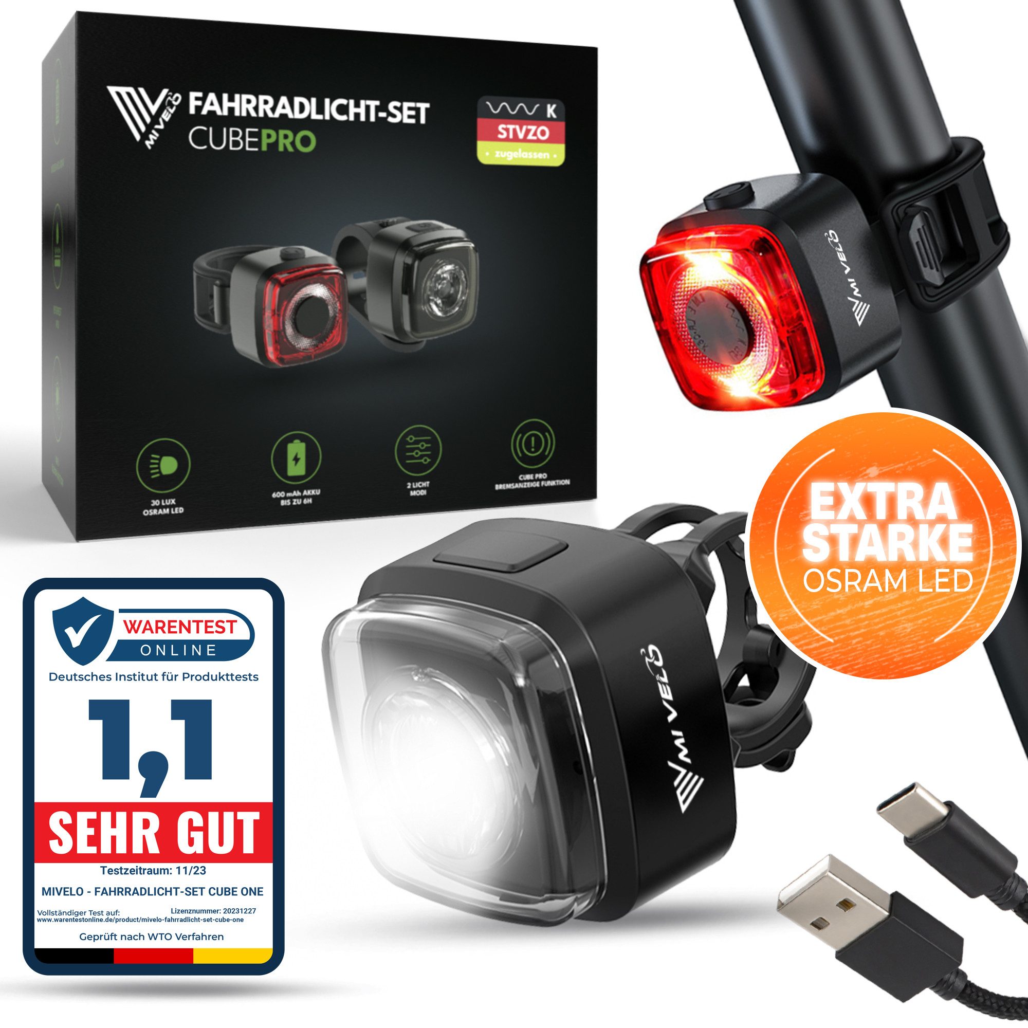 MIVELO Fahrradbeleuchtung CUBE Fahrradlicht Set USB aufladbar StVZO zugelassen wasserdicht