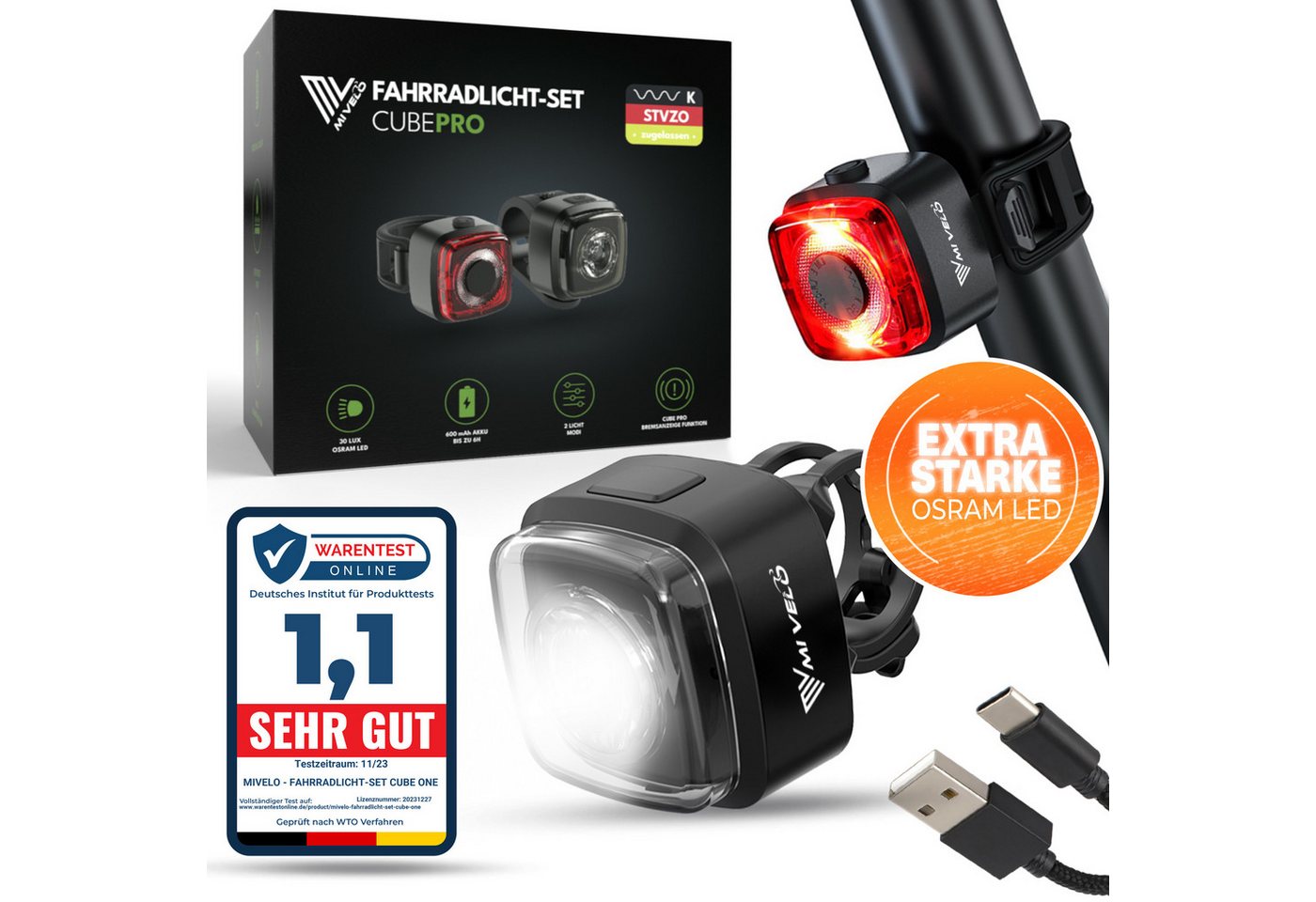 MIVELO Fahrradbeleuchtung CUBE Fahrradlicht Set LED - Akku USB aufladbar wasserdicht, OSRAM LED