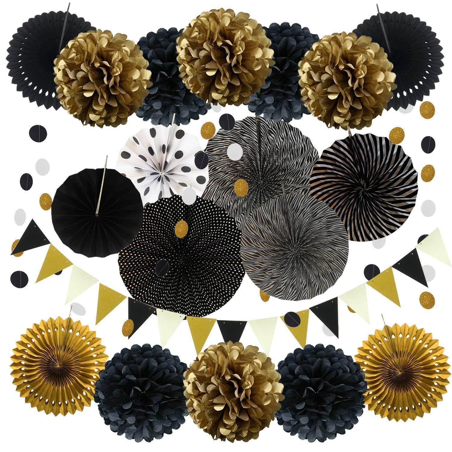 LuxusKollektion Wimpelkette Party Deko Set Papier 21 Teile Schwarz/Gold