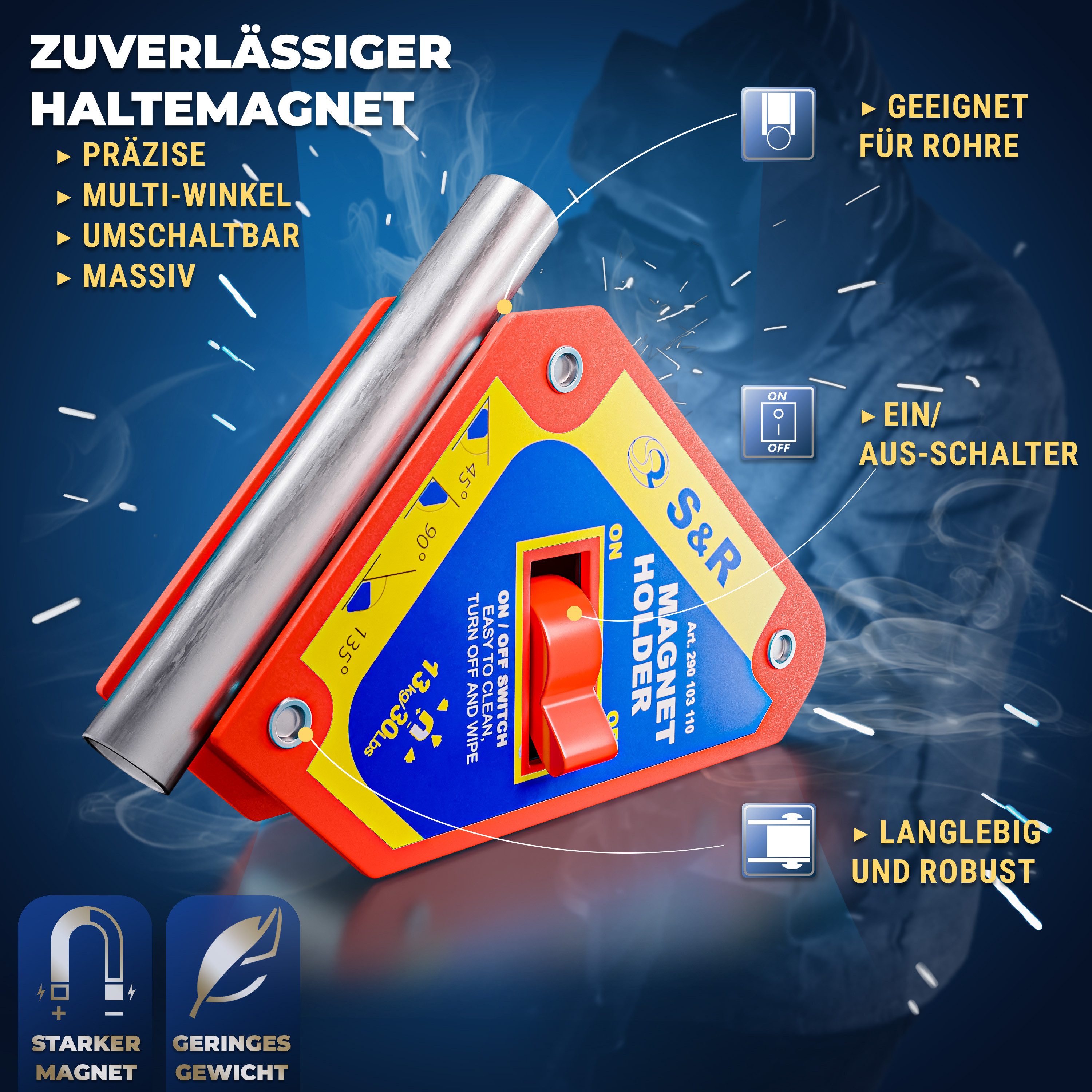 S&R Magnet-Schweißwinkel Schweißmagnet mit Ein-Ausschalter und hoher Haltekraft (13 Kg), (1-St), Schweißwinkel 45° / 90° / 135° - 11cm x 9.5cm x 2.5cm
