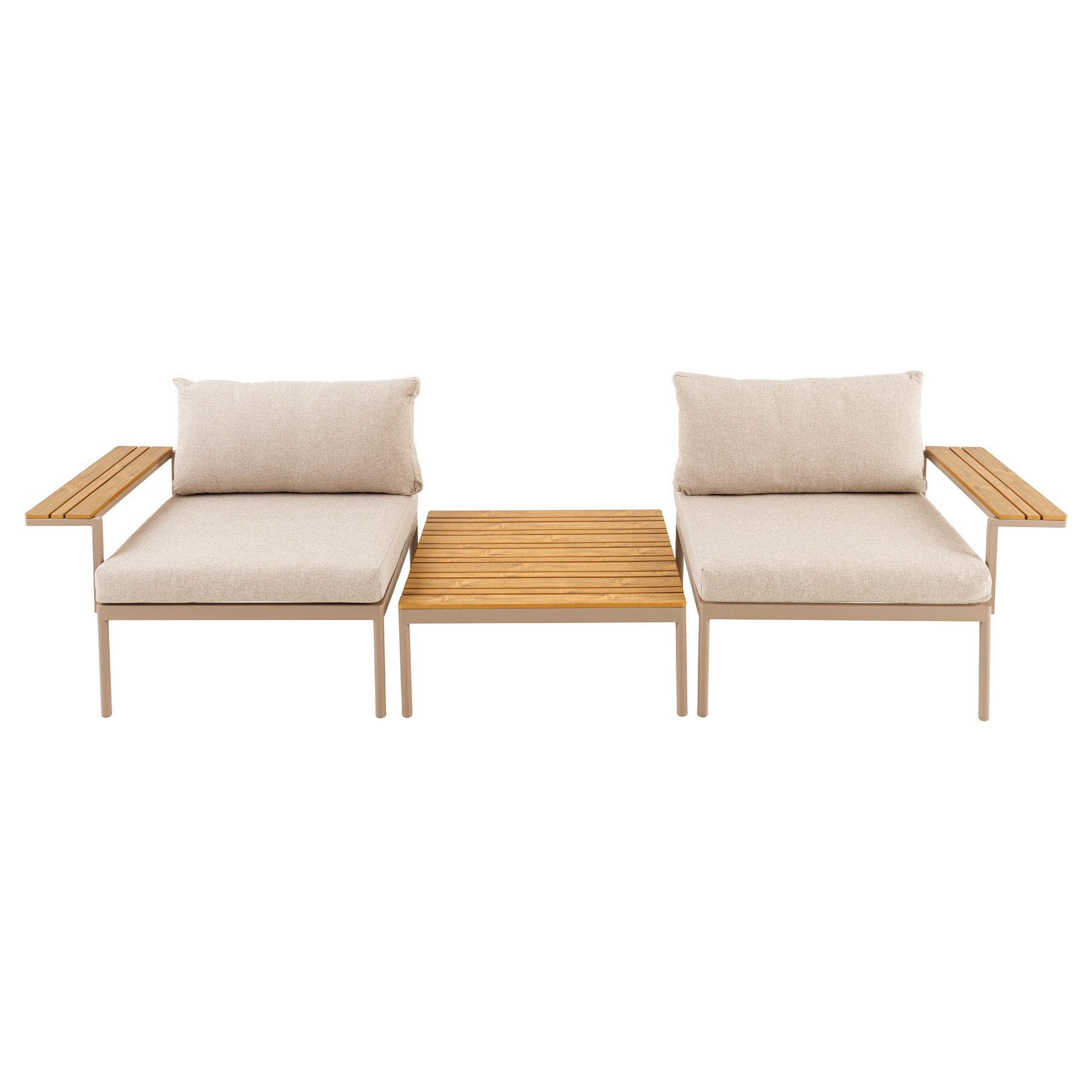 riess-ambiente Sitzgruppe MOBILE MODULAR 240cm champagner greige – inkl Bank, Tisch & 4 Kissen, (Set, 3-tlg), pflegeleichte Gartenmöbel, wetterfest, moderne Outdoor Terrassenmöbel