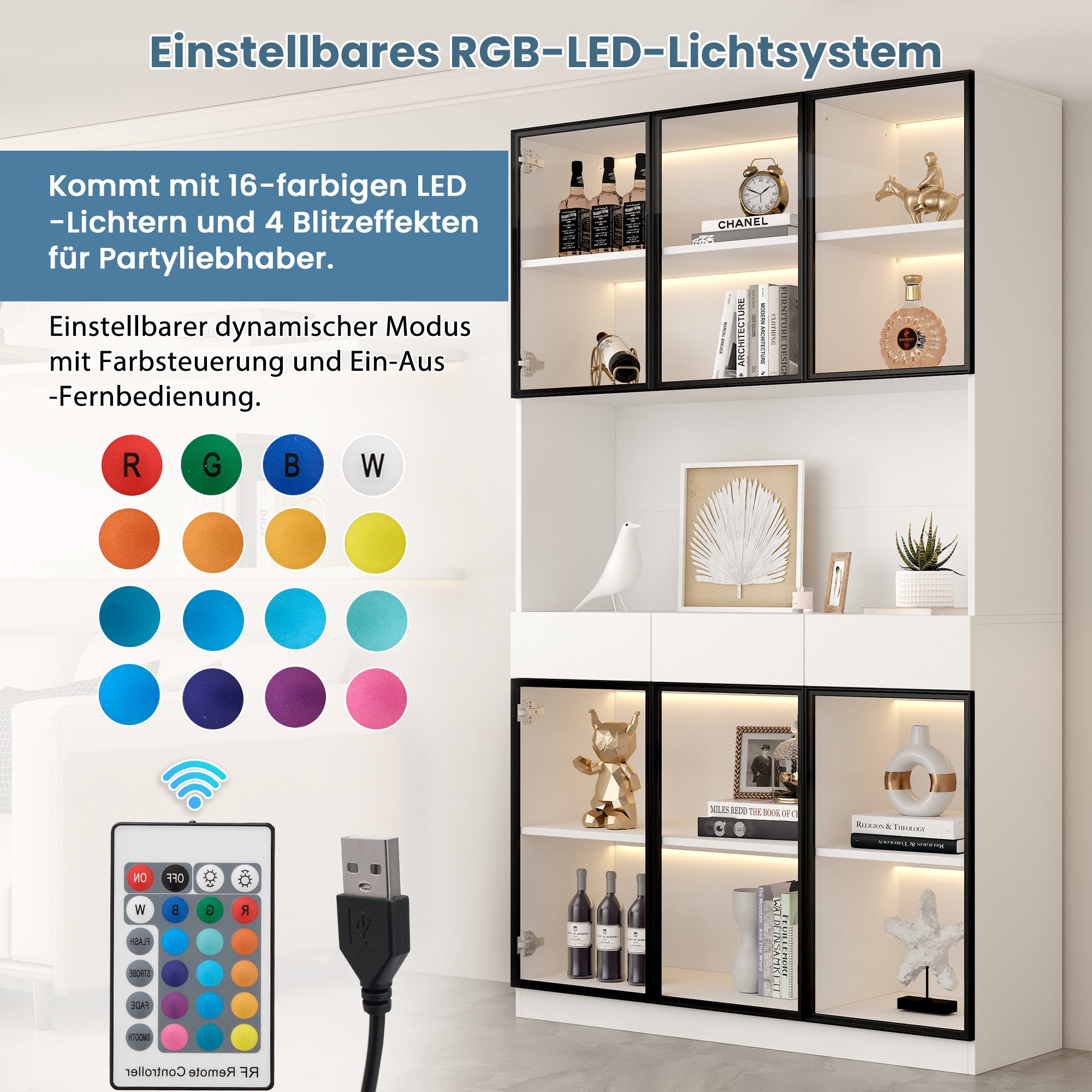 Flieks Glasvitrine Hochschrank mit LED-Beleuchtung, 6 Glastüren und 3 Schubladen (1-St., 120x36x200 cm) Multifunktionsschrank Vitrinenschrank Bücherregal Wohnzimmer Weiß