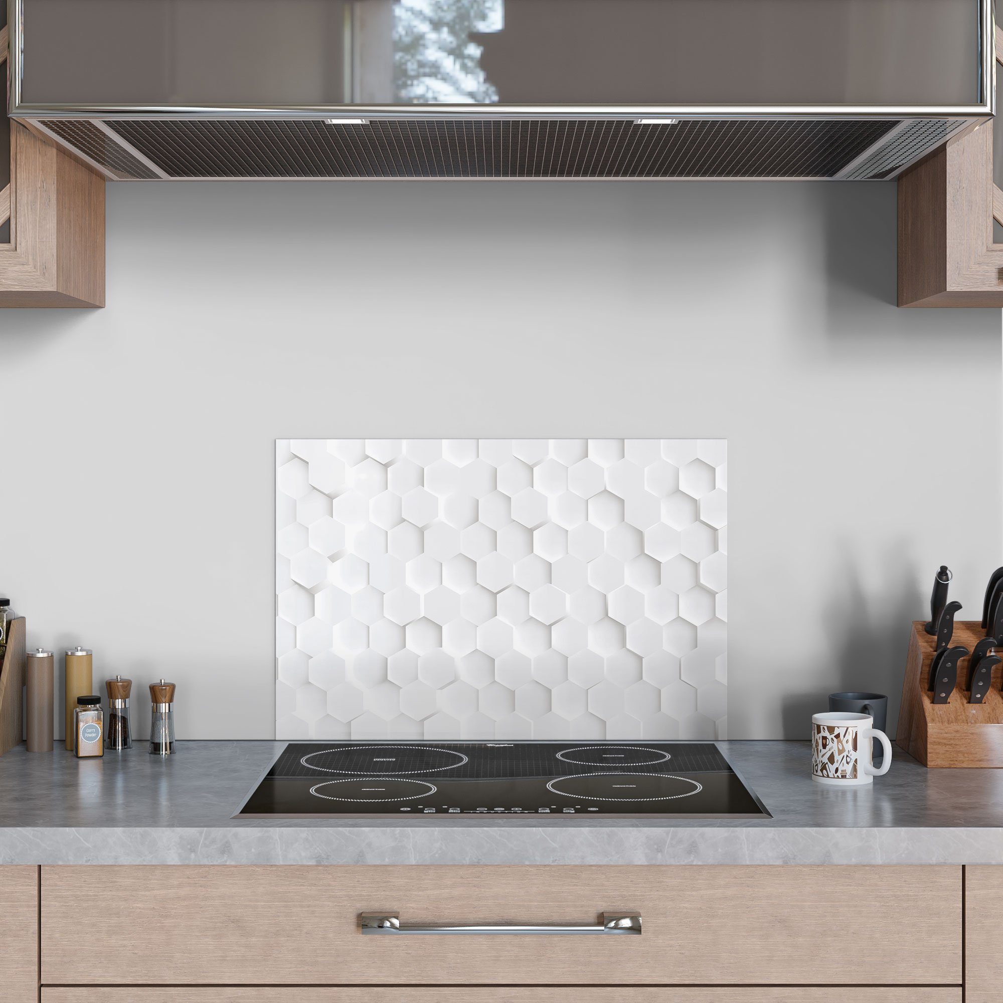 DEQORI Küchenrückwand 'Weiße Badrückwand Spritzschutz Glas Herdblende 3D-Waben'