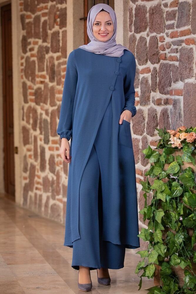 Modavitrini Tunikakleid Longtunika mit Hose Damen Anzug Zweiteiler Hijab Kleidung Aerobin Stoff Indigo-Blau