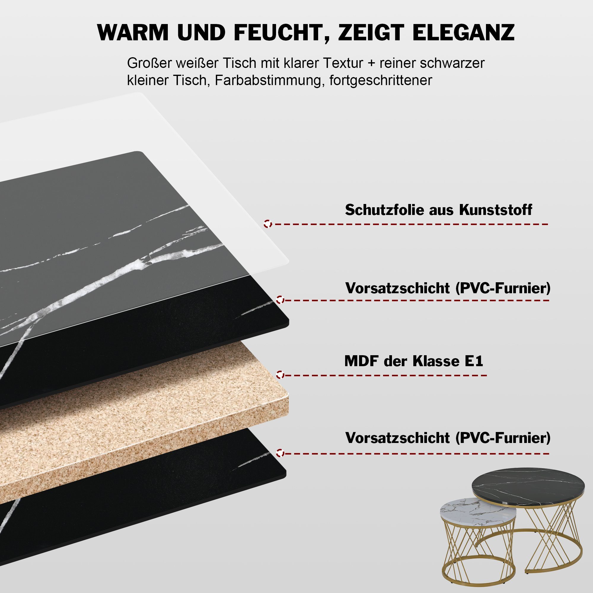 Merax Couchtisch Set rund Satztisch Wohnzimmertisch 1,5 cm Platte, hochglanz Wohnzimmertisch Marmoroptik, Beistelltisch – Bild 5 von 5