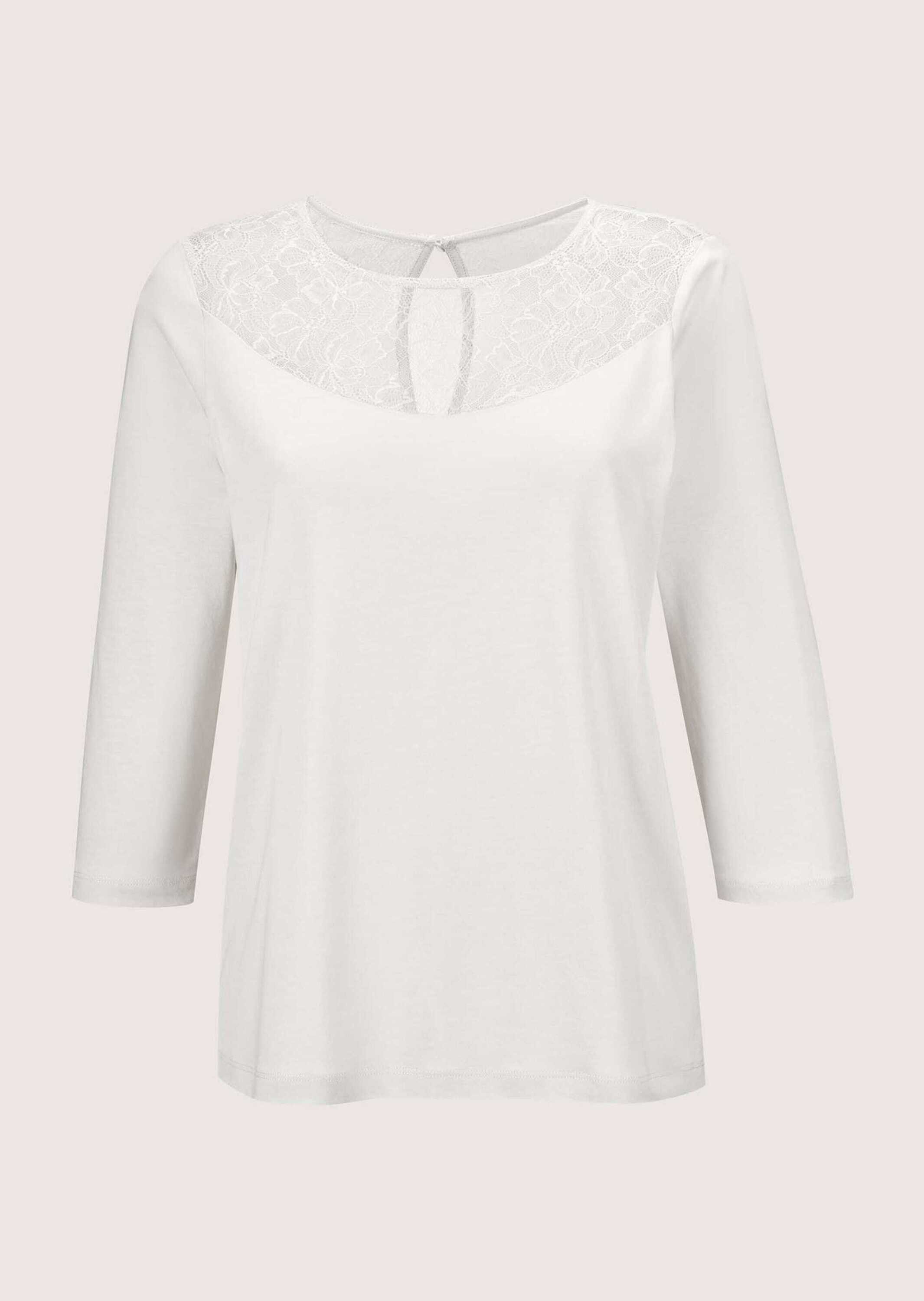 MADELEINE Kurzarmshirt Rundhals-Shirt mit Spitze, Baumwollmix Uni-Design, U-Boot-Ausschnitt, Knopfverschluss im Rücken – Bild 5 von 5