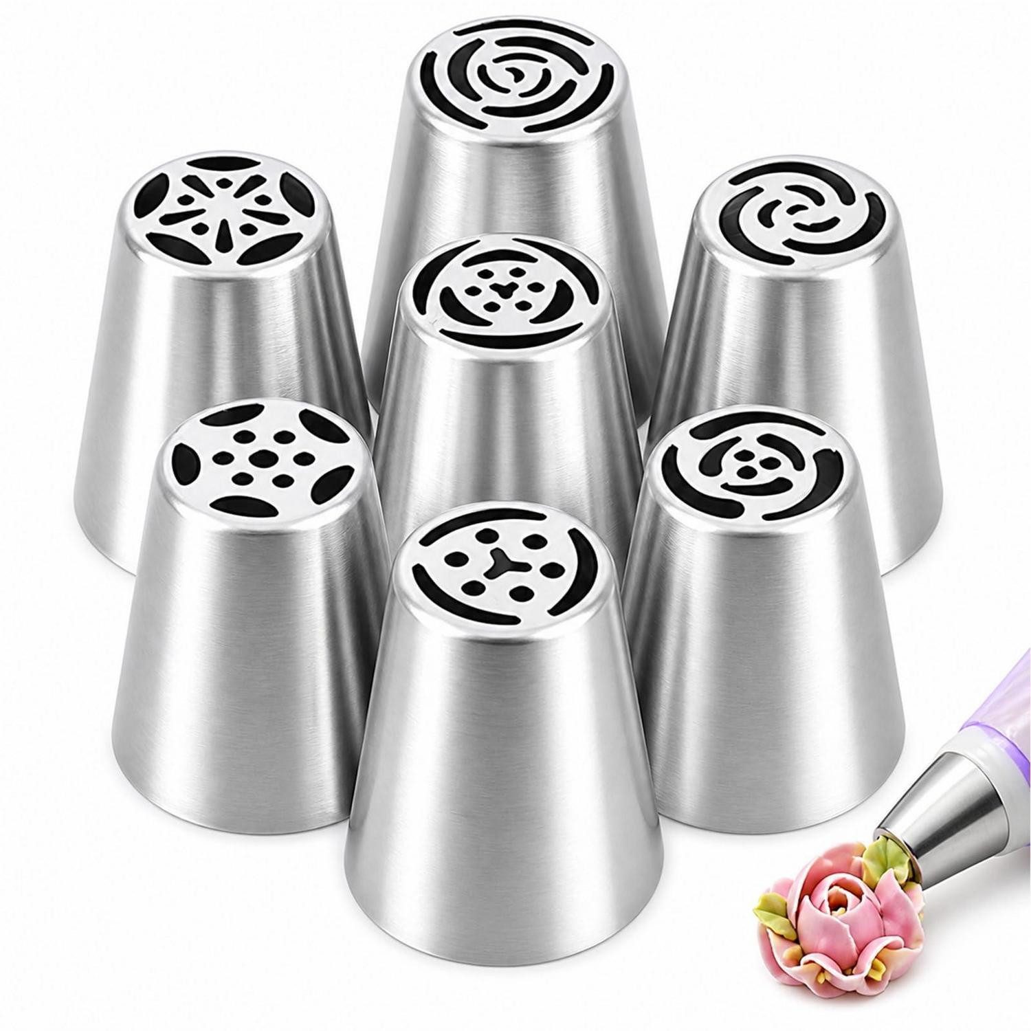 LuxusKollektion Spritztüllen Spritztüllen Set Groß 7tlg. Edelstahl Blumenmuster