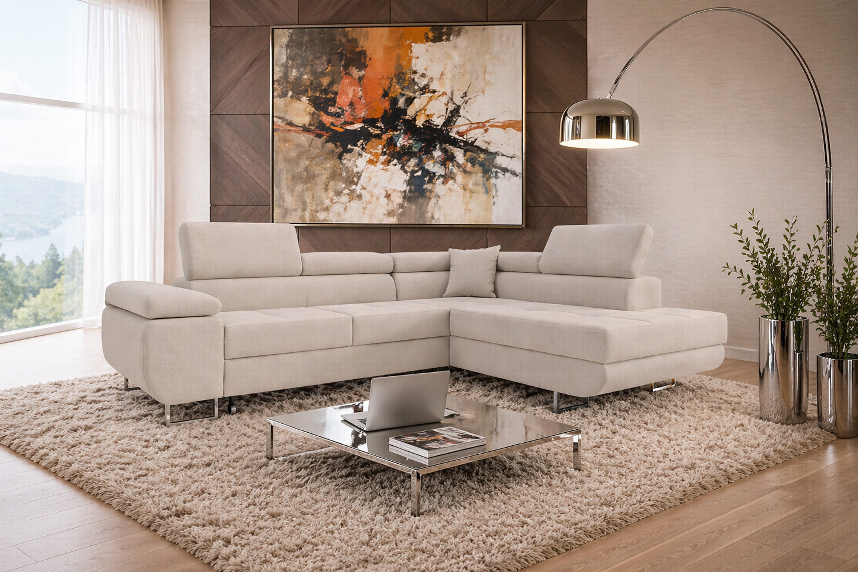 M-Punkt24 Ecksofa DUBAI, Samtstoff, Ottomane rechts oder links, Kopfteilverstellung, Bettkasten
