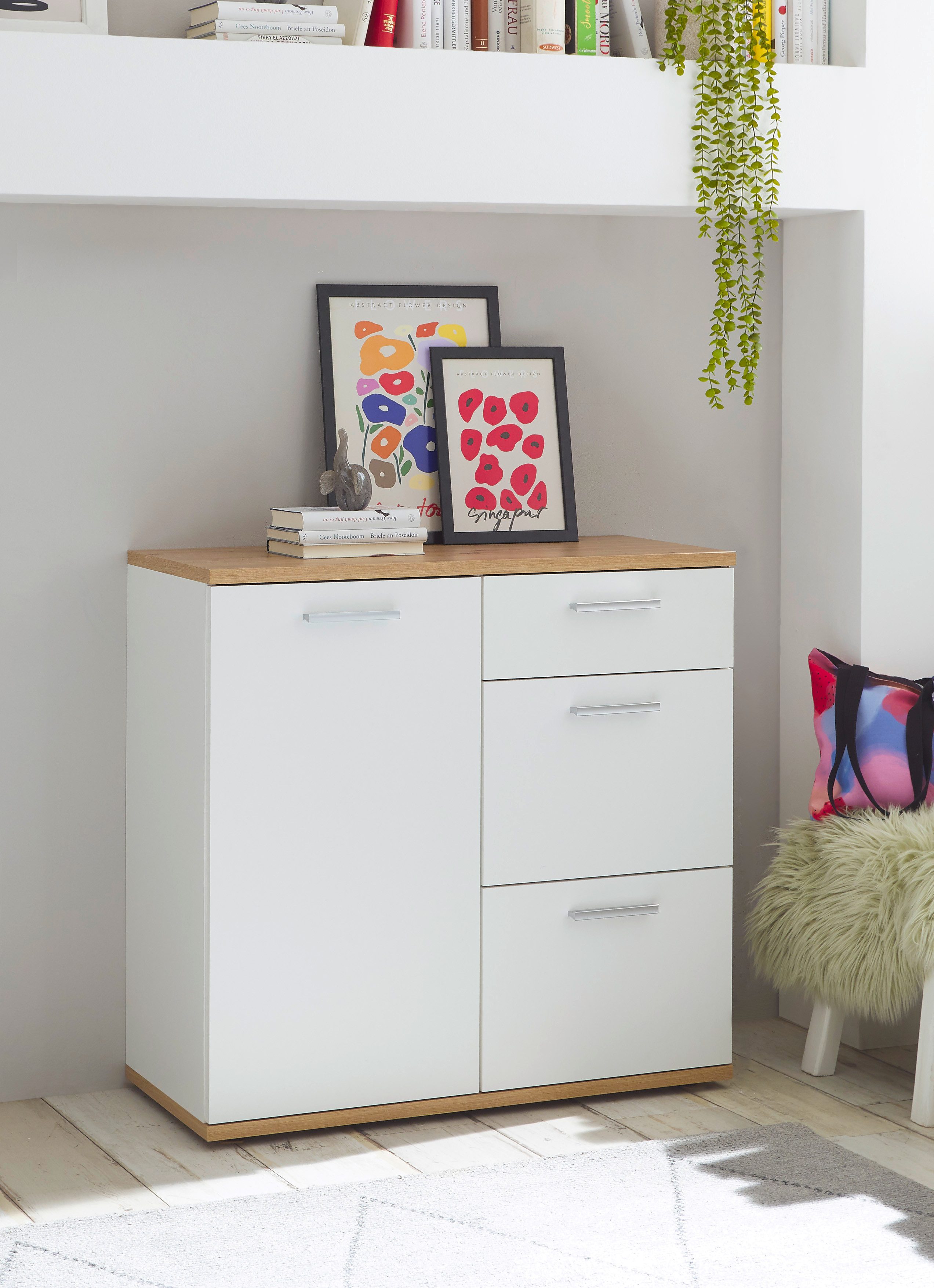 HBZ Kommode BC1035 weiß matt, BxHxT 95x86x38 cm, Kommode mit 1 Tür, 3 Schubkästen, 1 Einlegeboden