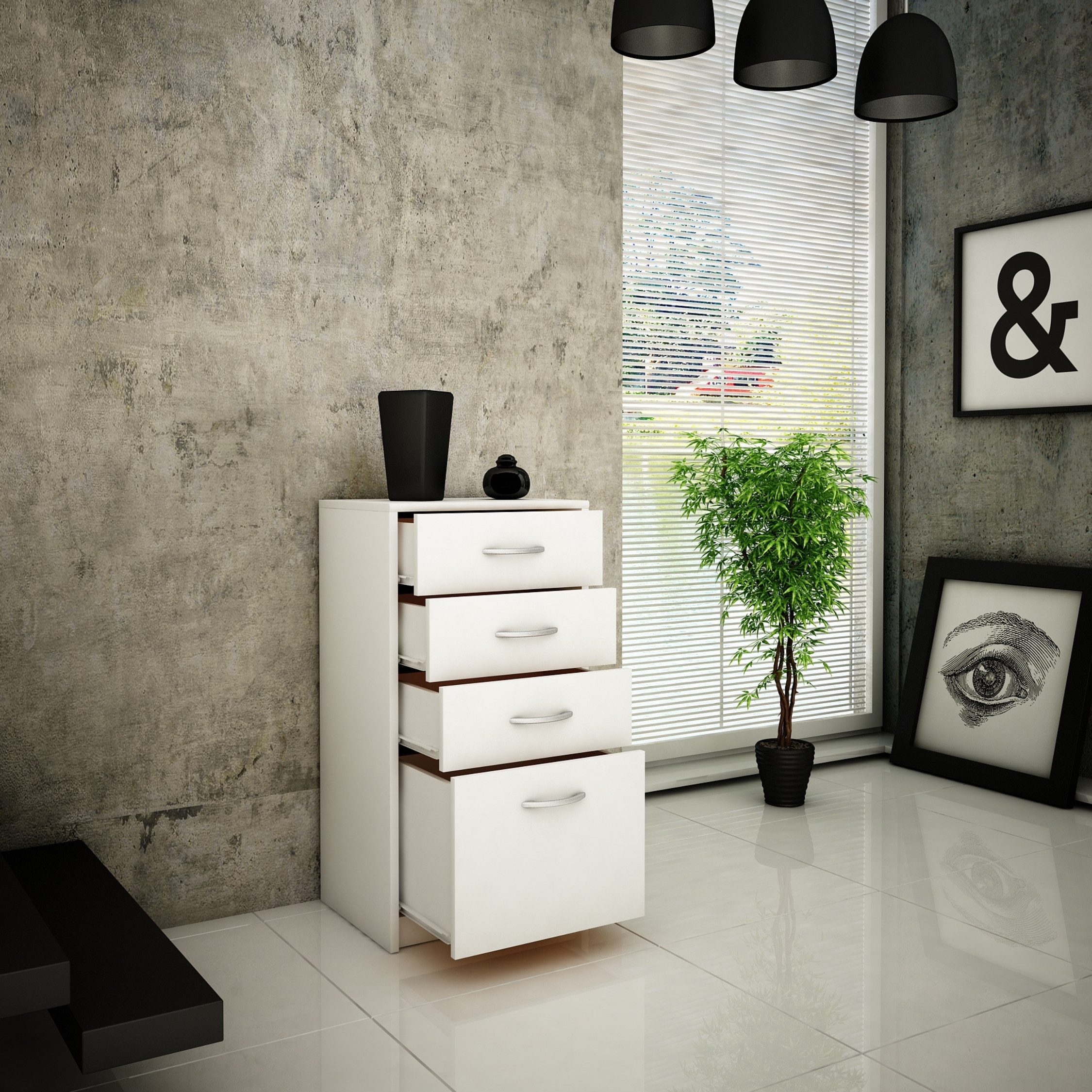 Home Collective Kommode mit 4 Schubladen mit matter Oberfläche, Kommode 45cm breit Holz (Schlafzimmer Wohnzimmer Flur Büro Organizer, Metallrollen mit Auszugsstopp), Schrank Kommode mit Schubladen Sideboard Highboard Weiß