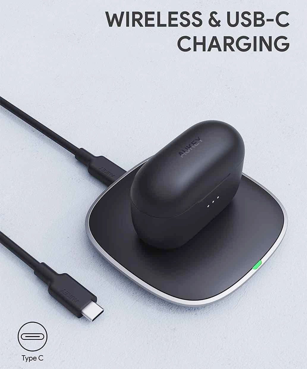 AUKEY Earbuds: Wireless In-Ear-Kopfhörer mit USB-C & Bluetooth, 30h Akku Bluetooth-Kopfhörer (Bleutooth, Bixby, Google Assistant, Siri, Alexa, Cortana, Bluetooth, Kabellos, IPX5 Wasserbeständigkeit, Wierless Charging, USB-C)