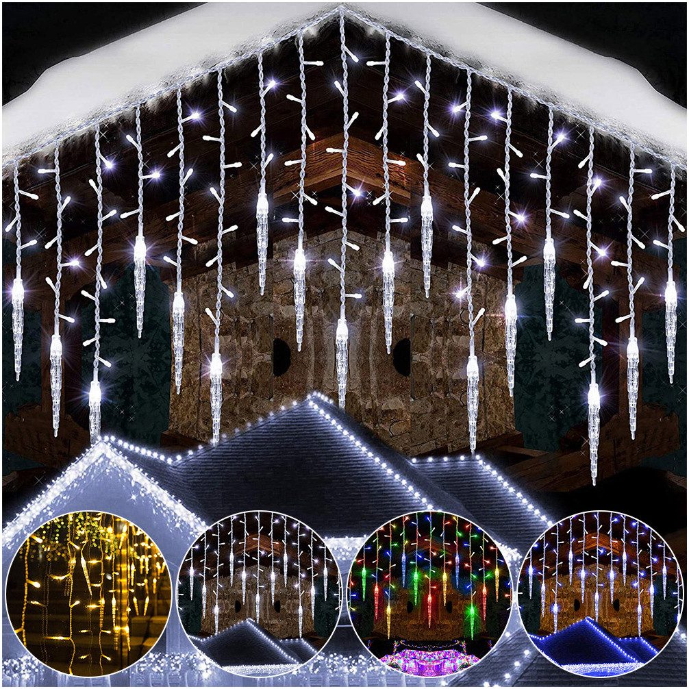SERBASIC Lichtervorhang LED Eisregen Lichterkette Außen, Timer, 8 Modi, Anschließbar, 31V, Lichtervorhang für Weihnachten Dachkante Dachrinne Terrasse