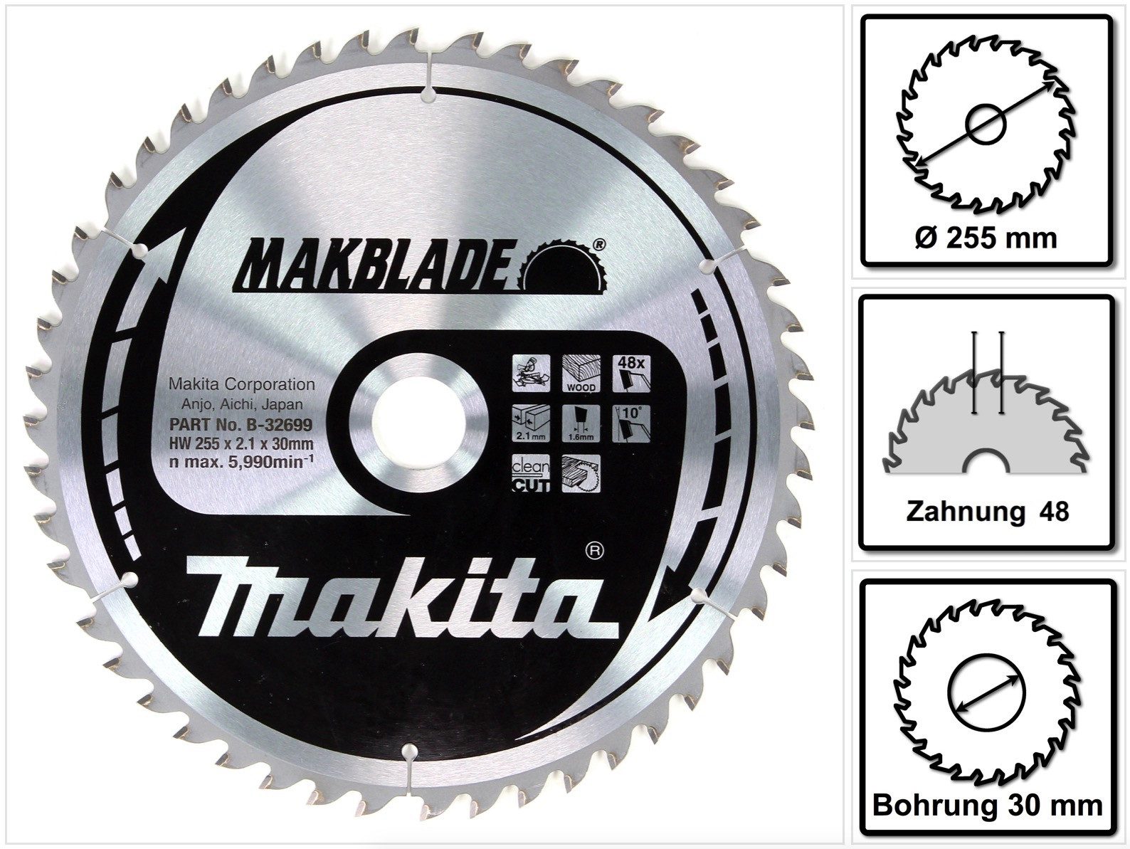 Makita Kreissägeblatt MAKBLADE Kreissägeblatt für Holz 255 x 30 x 2,1 mm 48 Zähne (B-32699
