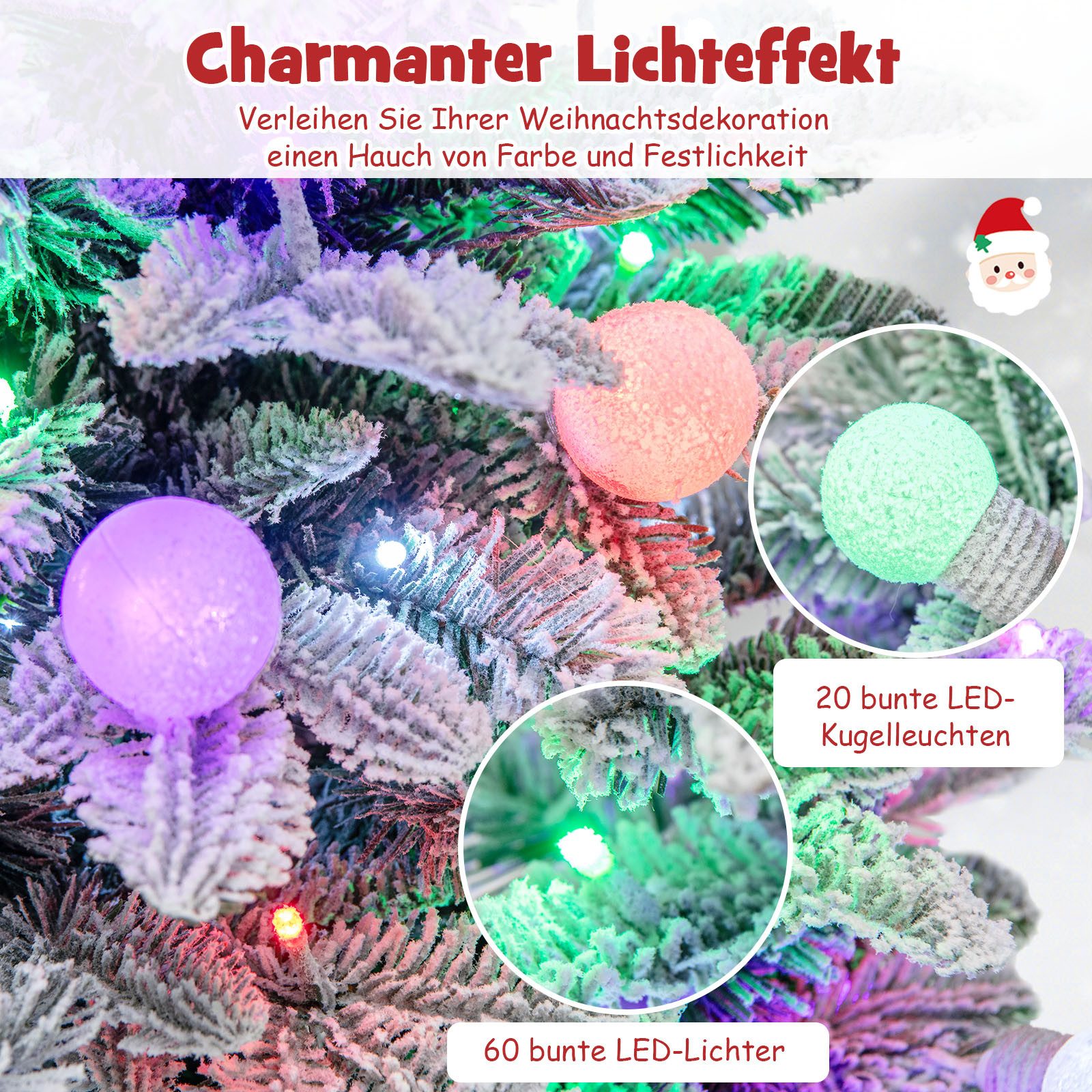 COSTWAY Künstlicher Weihnachtsbaum beflockter Tannenbaum beleuchteter Christbaum mit Schnee & Sockel, 100cm, 80 mehrfarbige LEDs, 148 Spitzen – Bild 5 von 5