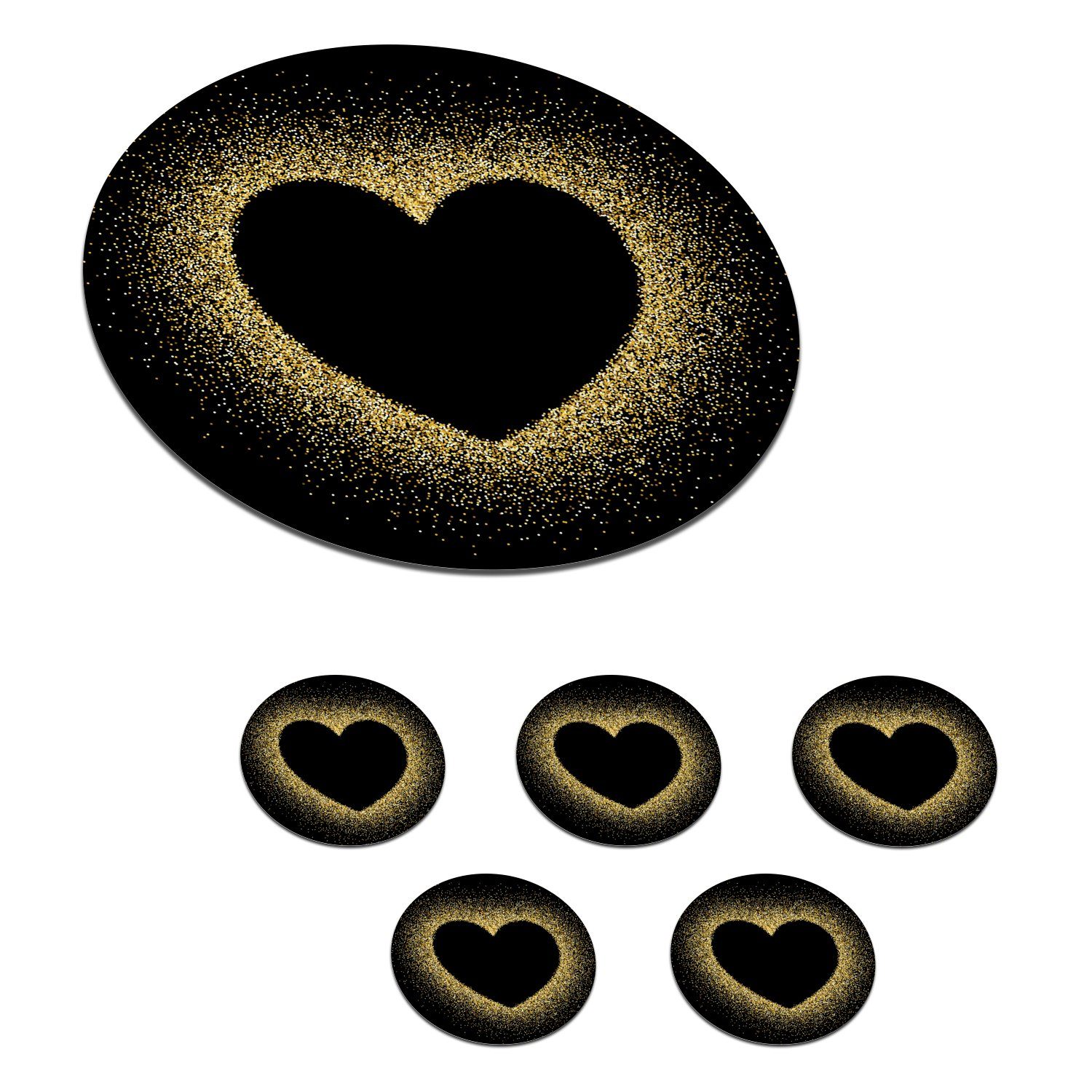 MuchoWow Glasuntersetzer Goldenes Herz auf schwarzem Hintergrund, Zubehör für Gläser, 6-tlg., Getränkeuntersetzer, Tassenuntersetzer, Korkuntersetzer, Tasse, Becher