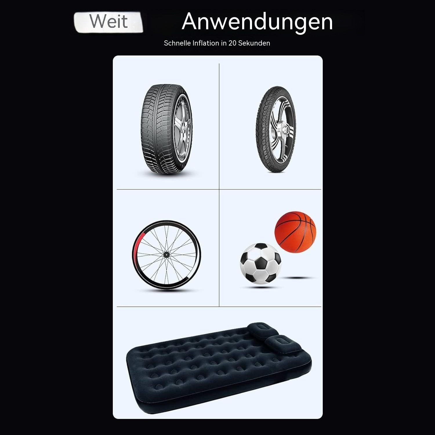 TWUFY Akku-Handkompressor Elektrische Luftpumpe 150 PSI Digital 2000mAh mit LED-Licht, für Auto, Fahrrad und mehr, 1-tlg., Tragbare Luftpumpe mit Zubehör und LE – Bild 4 von 5
