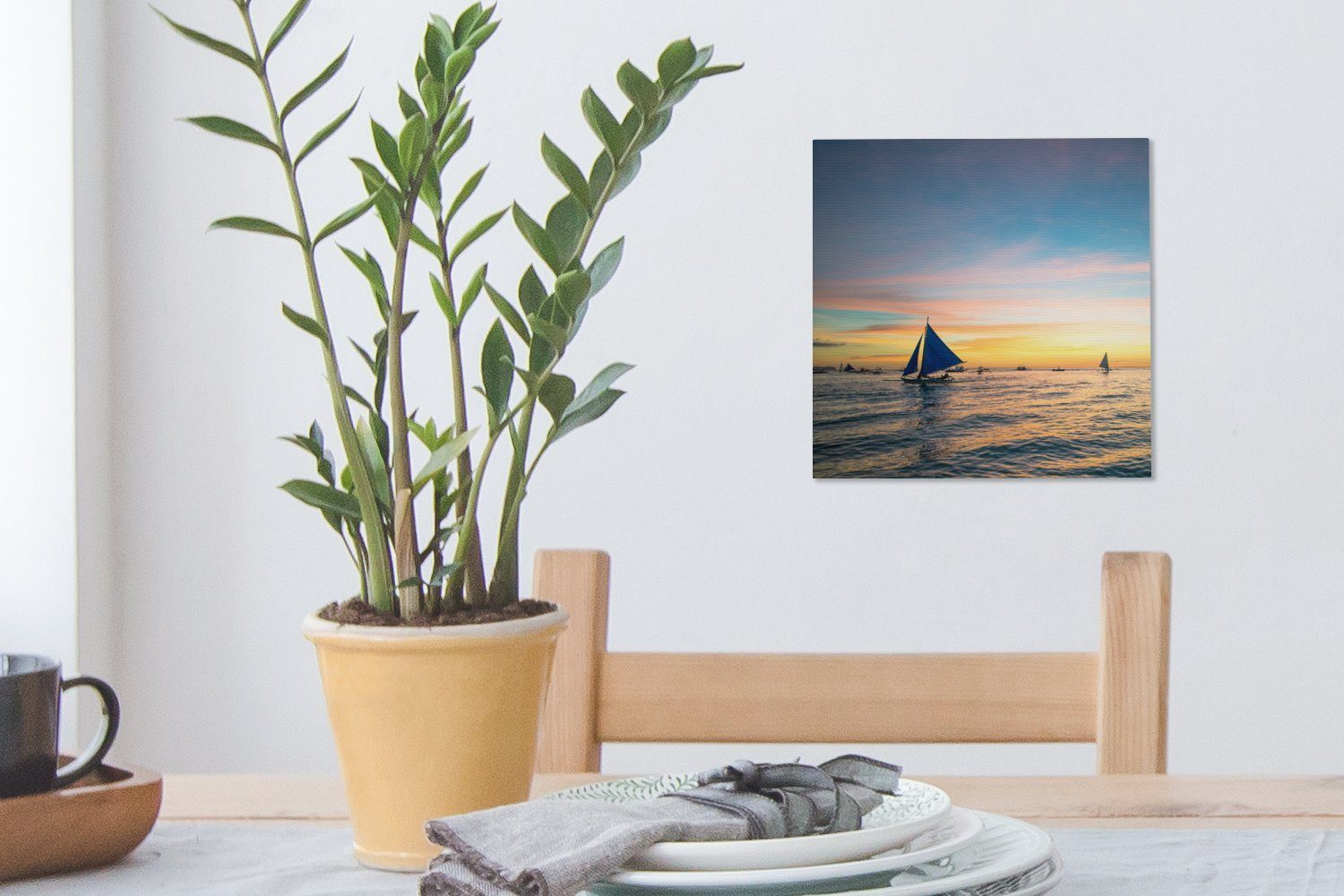 OneMillionCanvasses® Leinwandbild Sonnenuntergang mit auf Boracay, (1 Wasser für Wohnzimmer Schlafzimmer Segelbooten Bilder St), von dem Leinwand