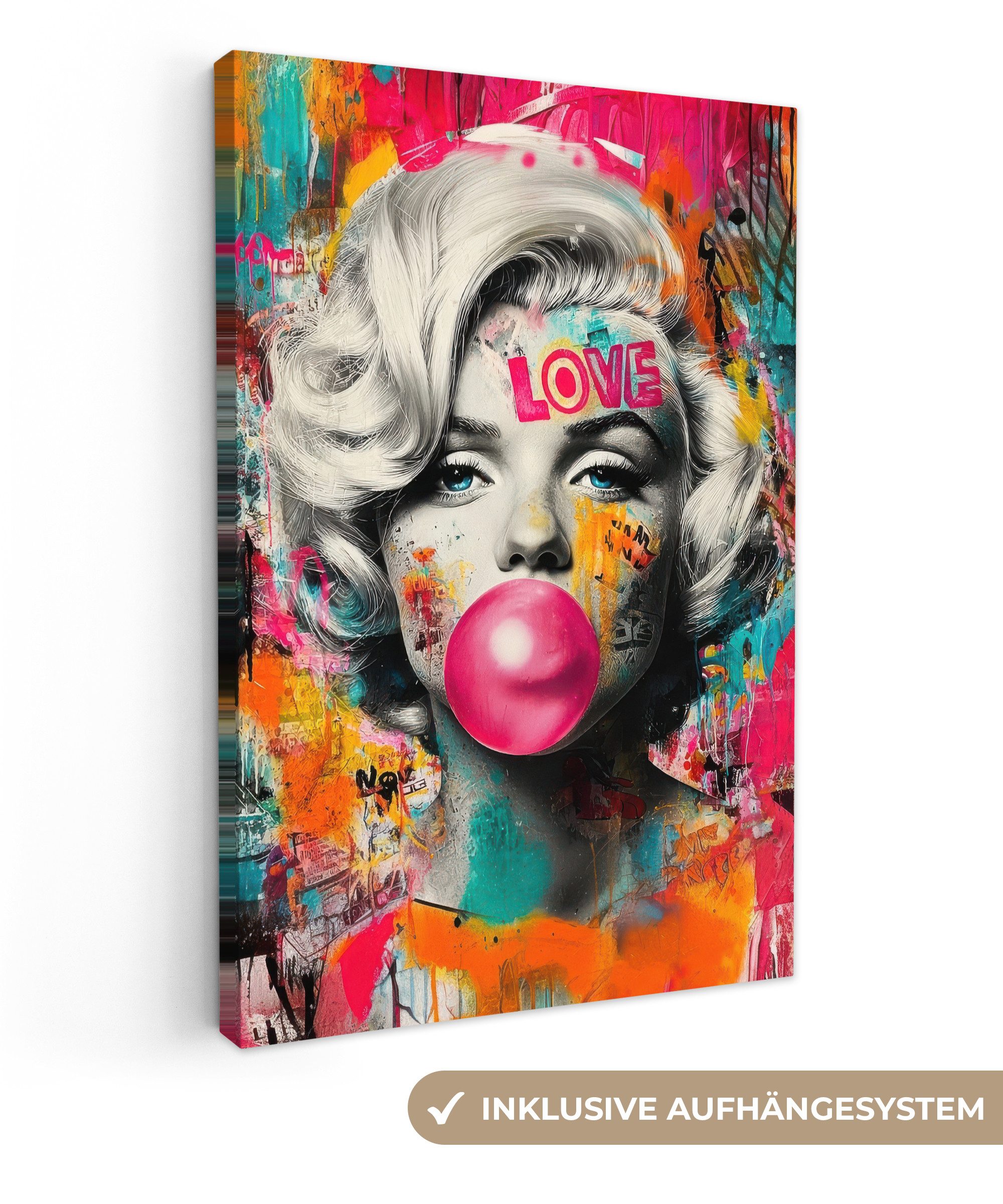 OneMillionCanvasses® Leinwandbild Frau - Kaugummi - Graffiti - Neonfarben, Fotodruck (1 St), Leinwand Canvas Wandbild, Wanddekoration 20x30 cm