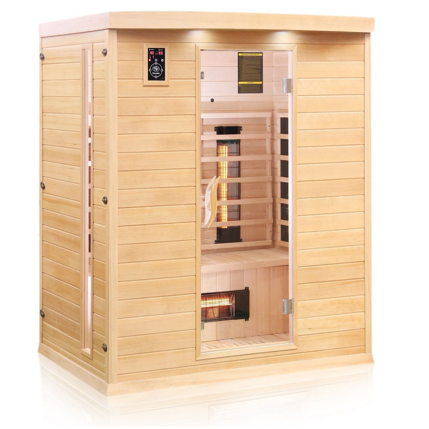 Dewello Infrarotkabine PIERSON 160 Wärmekabine, für bis zu 3 Personen, 6 Vollspektrumstrahler, Sauna aus Hemlock-Tannenholz, leichter Aufbau dank Stecksystem
