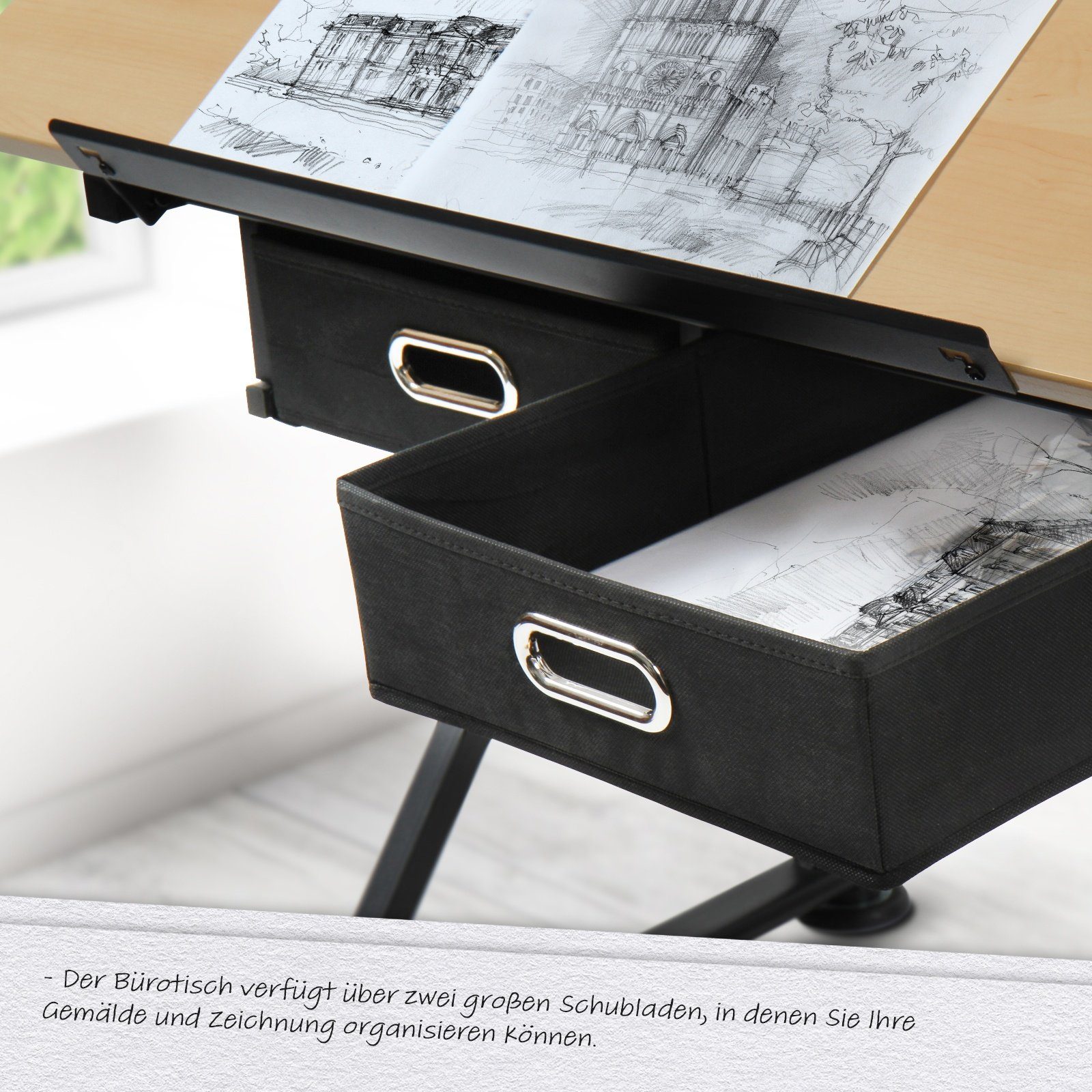 VENDOMNIA Zeichentisch Tischplatte, mit Holzoptik (höhenverstellbar, Architekten - 2 für inkl. Schwarz Arbeitsflächen Schreibtisch 2 Hocker Schubladen), Bürotisch neigbare Architektentisch, und