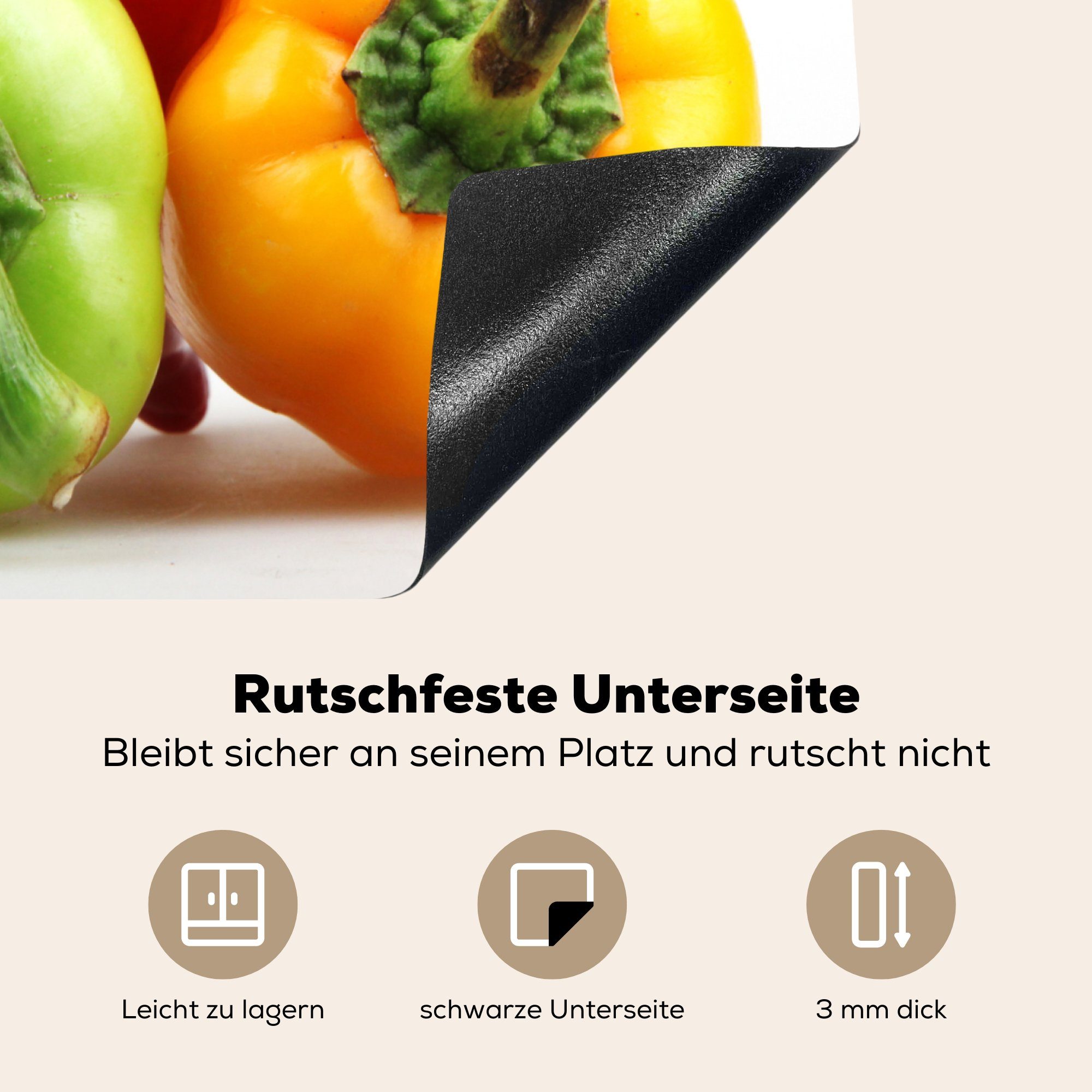 auf Bunte Paprikaschoten Induktionsmatte 59x52 Hintergrund, cm, Vinyl, tlg), küche, (1 für die Herdblende-/Abdeckplatte Ceranfeldabdeckung MuchoWow hellem