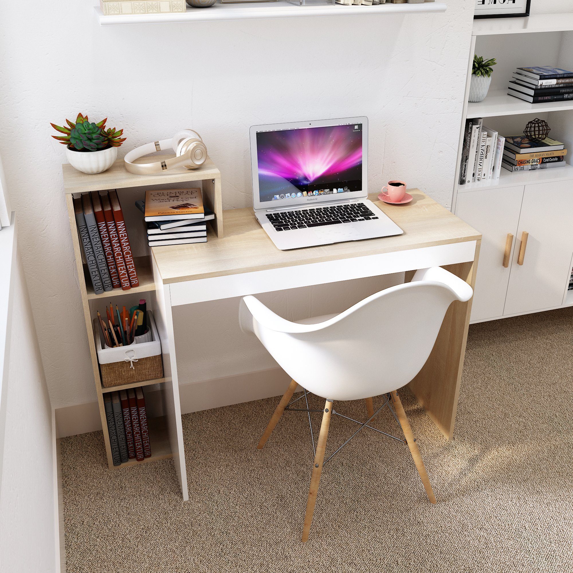 Computertisch, Weiß+Natur Mondeer Schreibtisch mit Ablagefach,