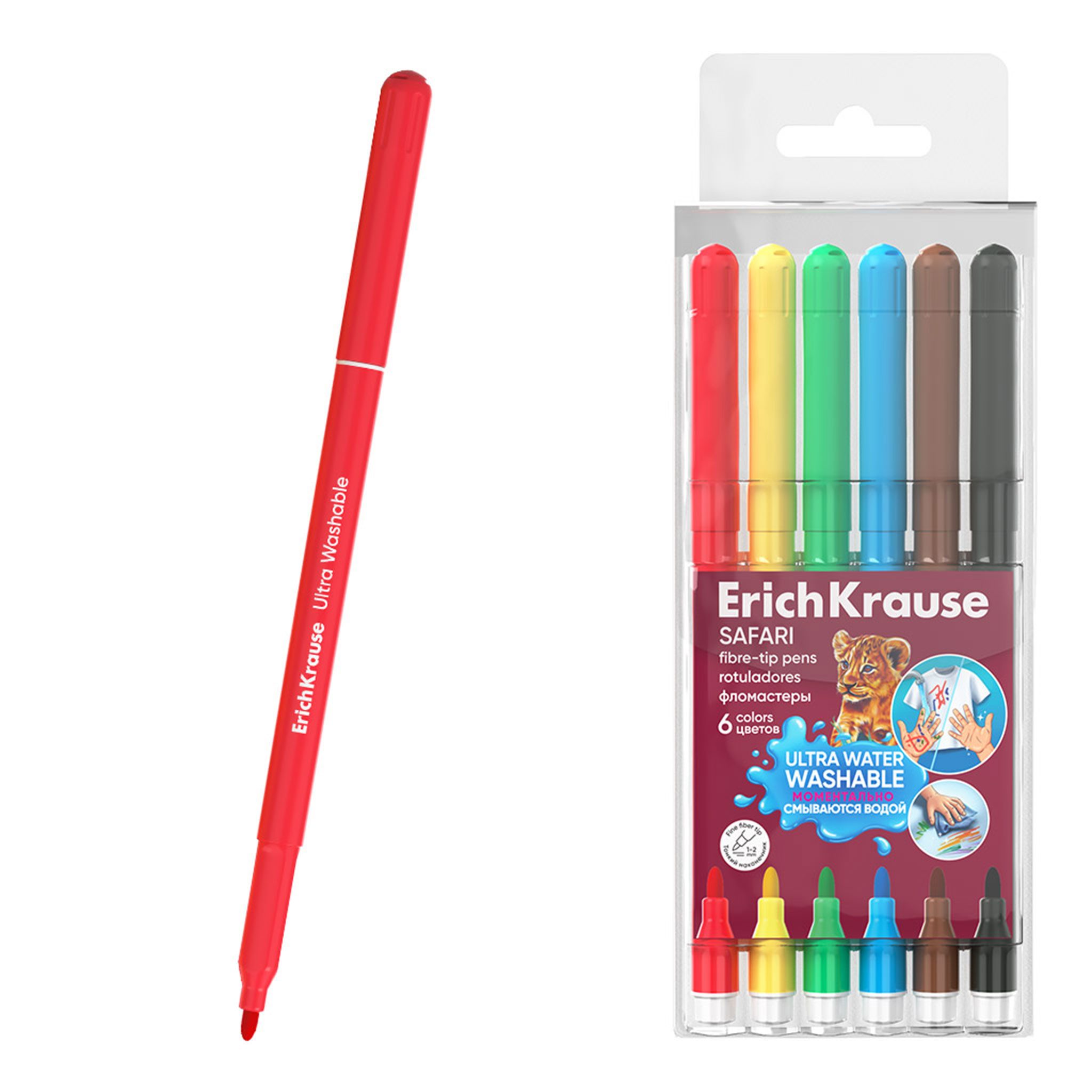 Erich Krause Filzstift, Filzstifte 2mm Safari ultra auswaschbar 6 Farben Set