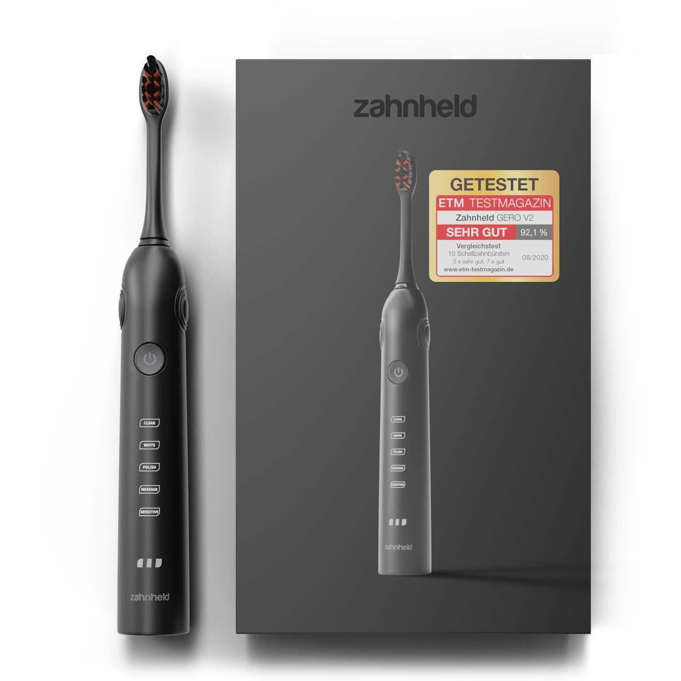 Zahnheld Elektrische Zahnbürste Schallzahnbürste Gero G2 mit Etui schwarz, 5 Putzmodi, Zahnpflege, Mundpflege, Reisezahnbürste, Zahnbürste mit Schall, USB Ladestation